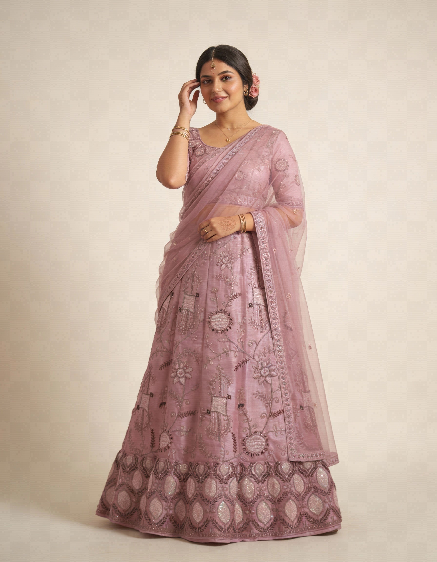 Dusty Rose Silk Threadwork Zardozi Lehenga (Semi-Stitched)