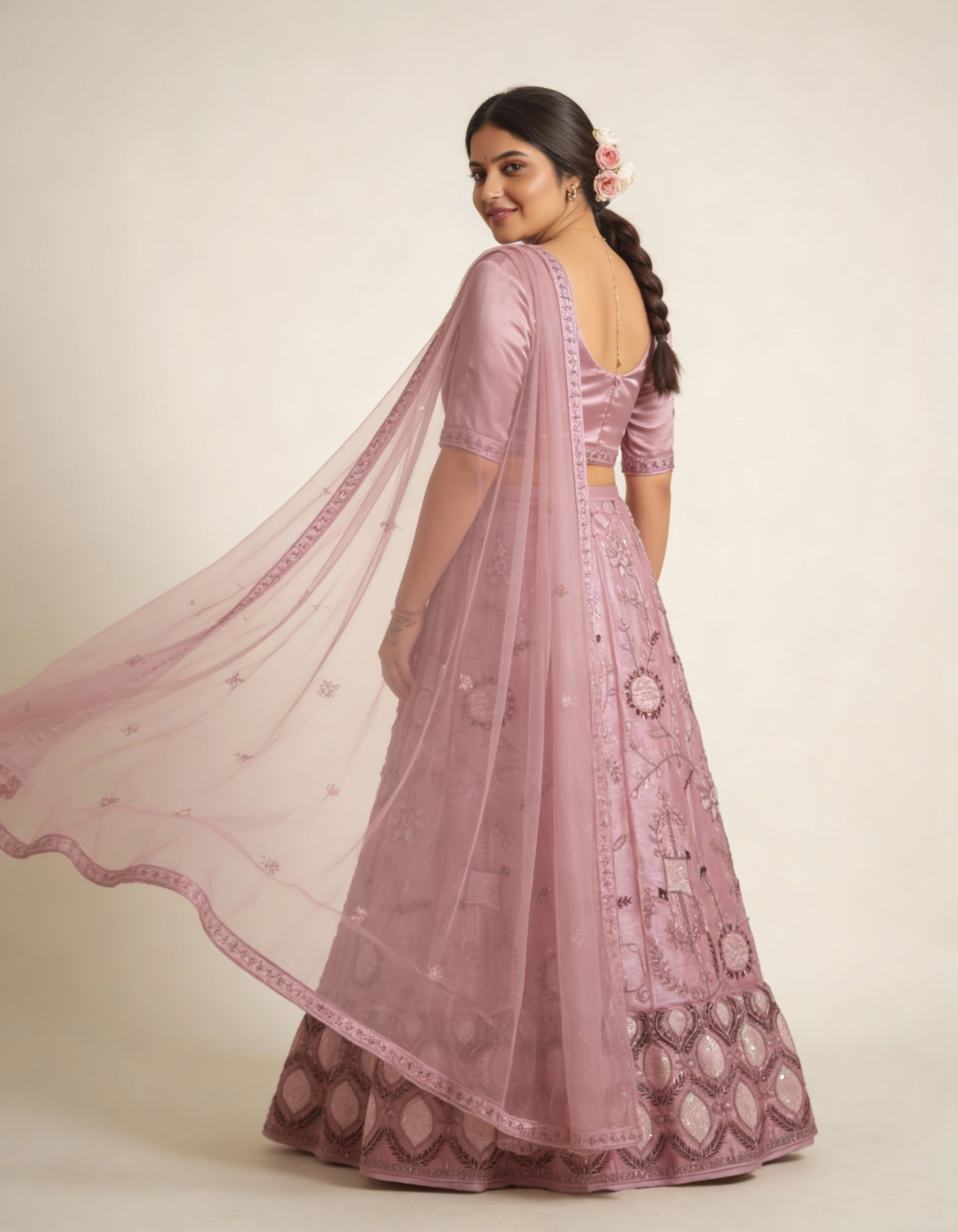 Dusty Rose Silk Threadwork Zardozi Lehenga (Semi-Stitched)
