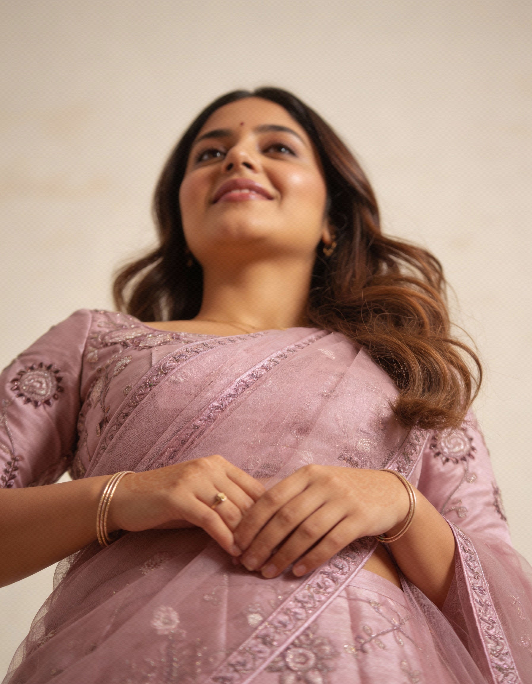 Dusty Rose Silk Threadwork Zardozi Lehenga (Semi-Stitched)