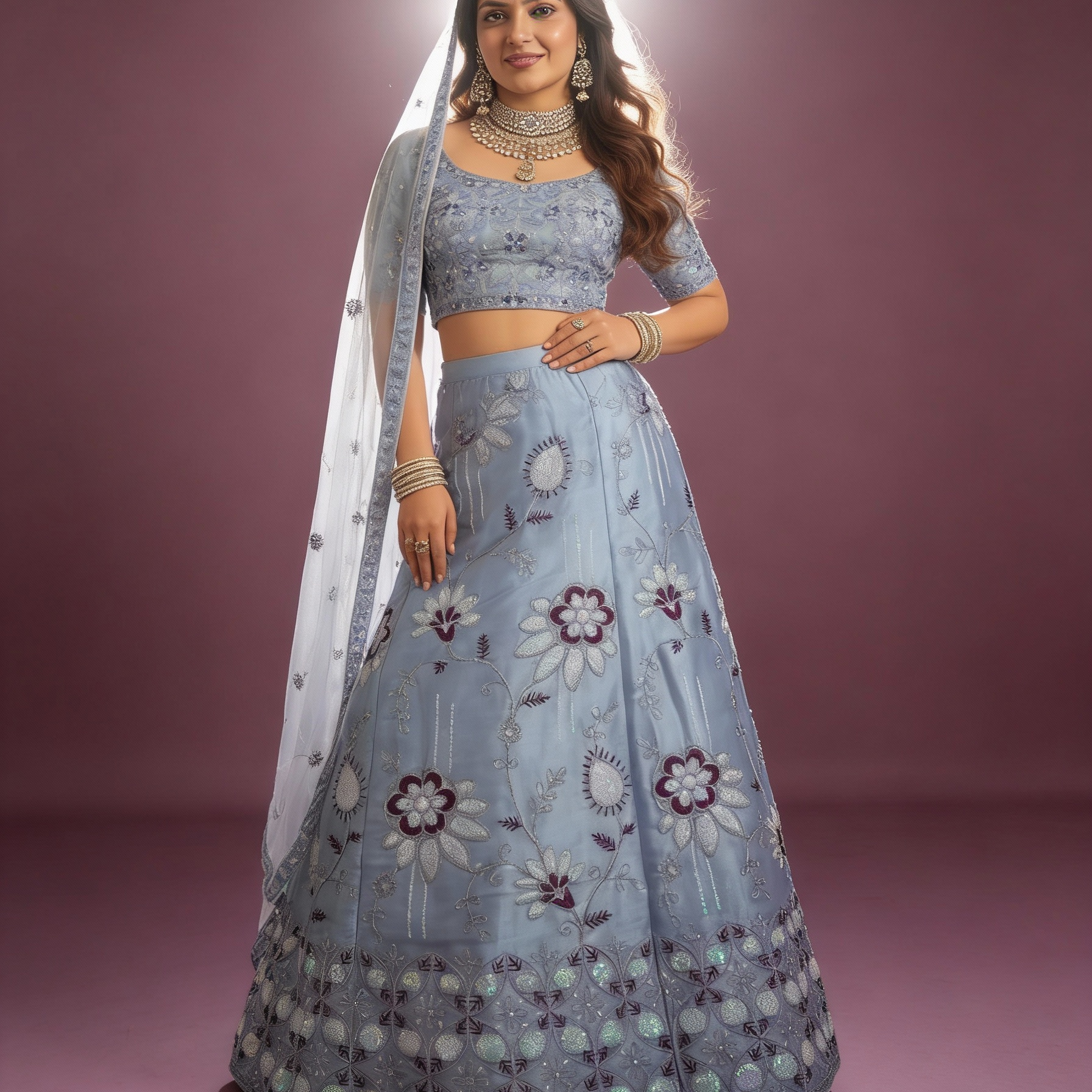 Powder Blue Organza Lehenga (Semi-Stitched)