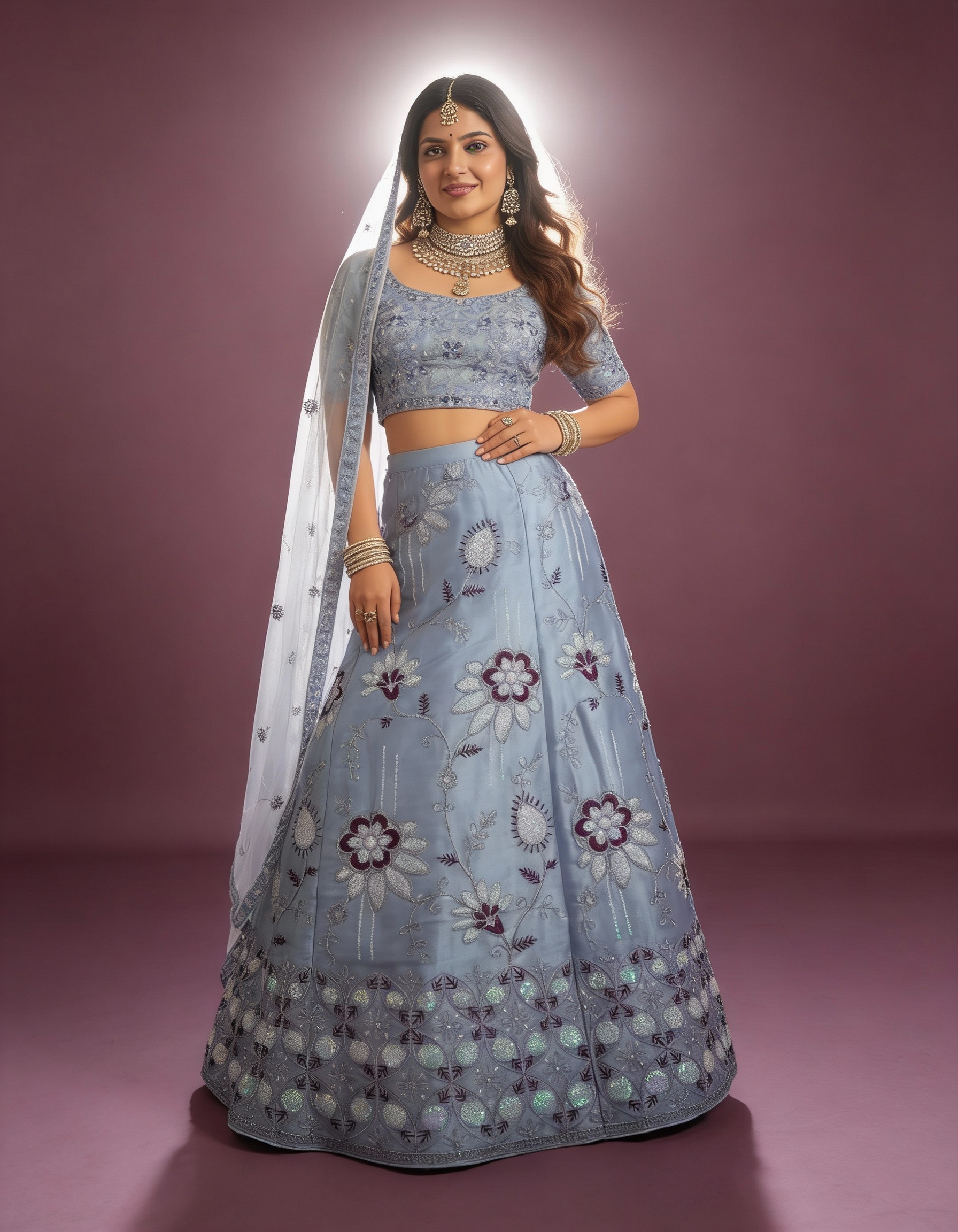 Powder Blue Organza Lehenga (Semi-Stitched)