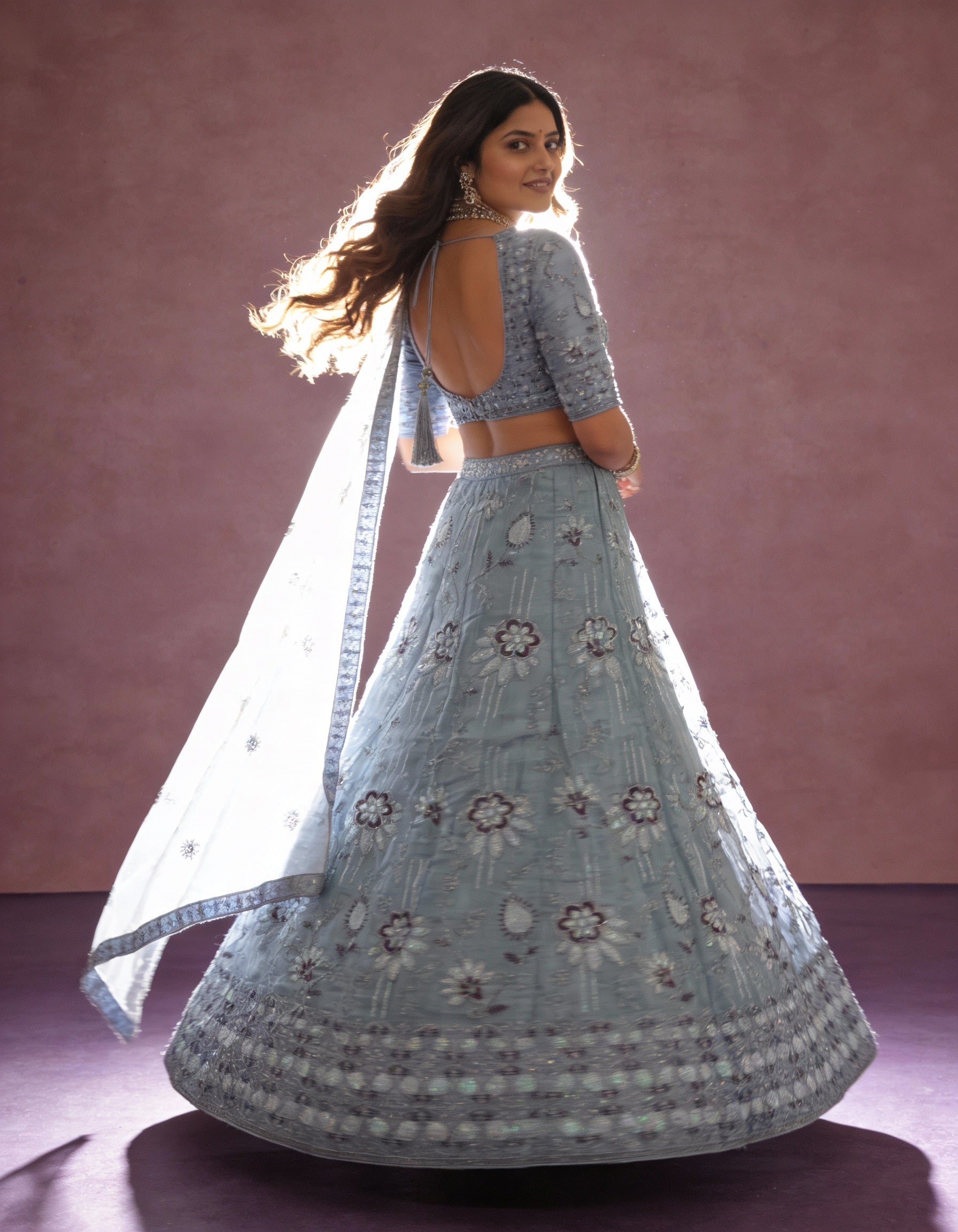 Powder Blue Organza Lehenga (Semi-Stitched)