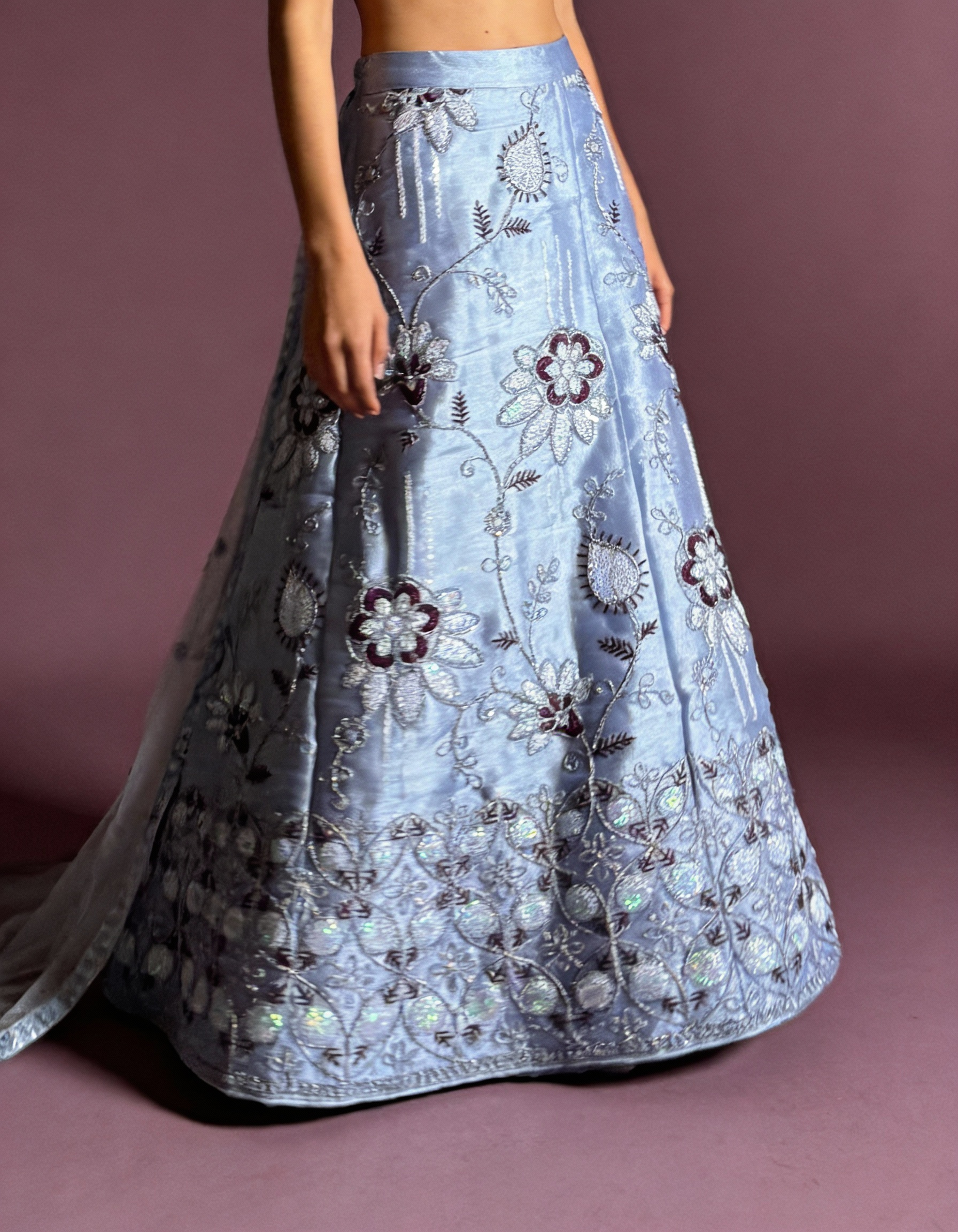 Powder Blue Organza Lehenga (Semi-Stitched)
