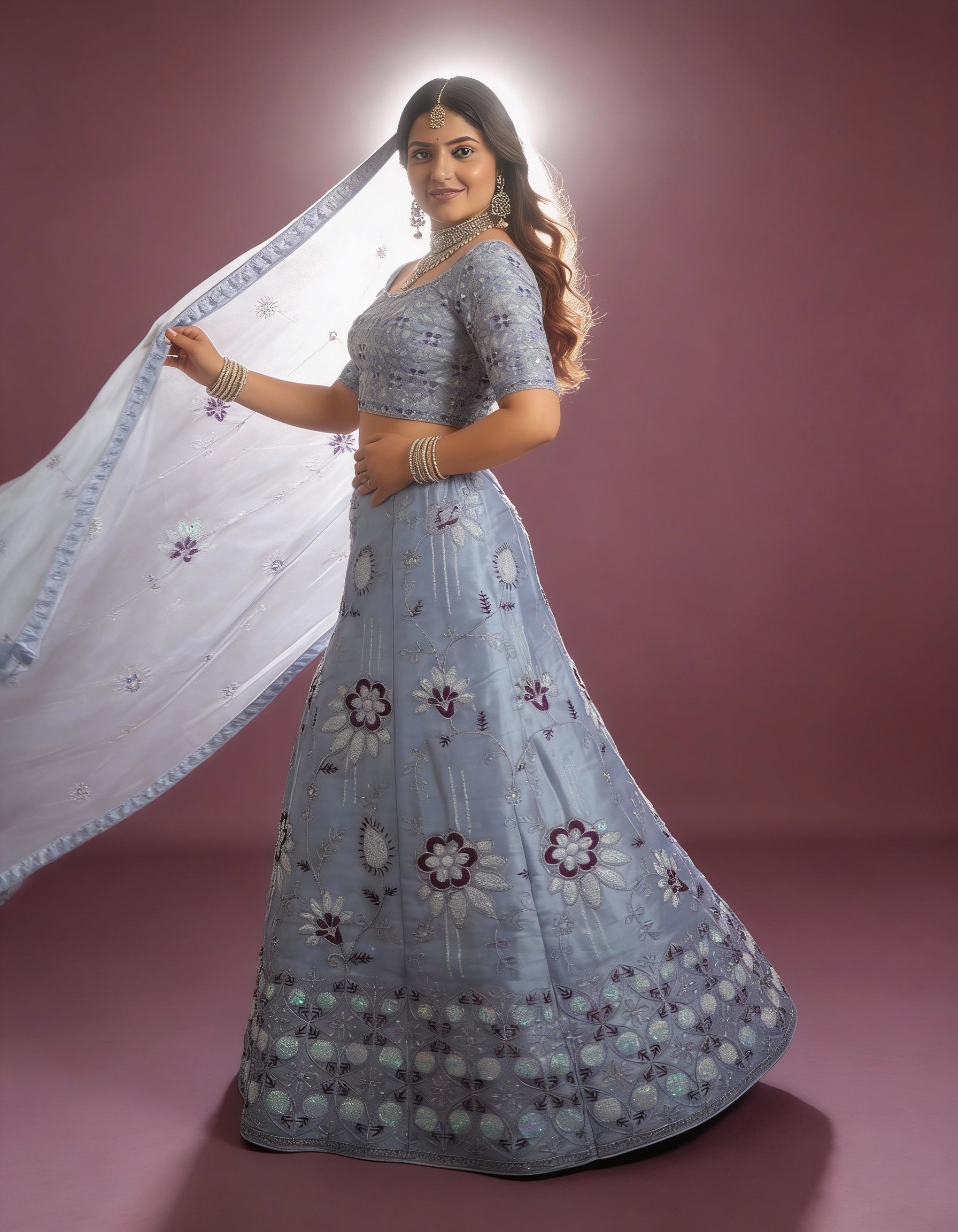 Powder Blue Organza Lehenga (Semi-Stitched)