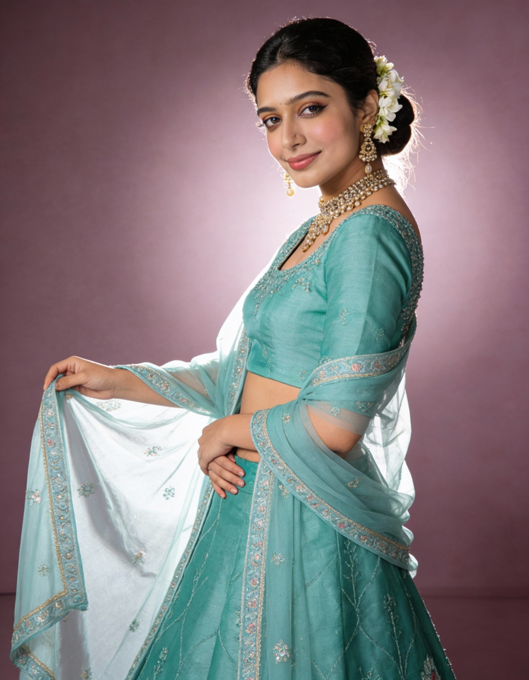 Sea Green Organza Lehenga (Semi-Stitched)