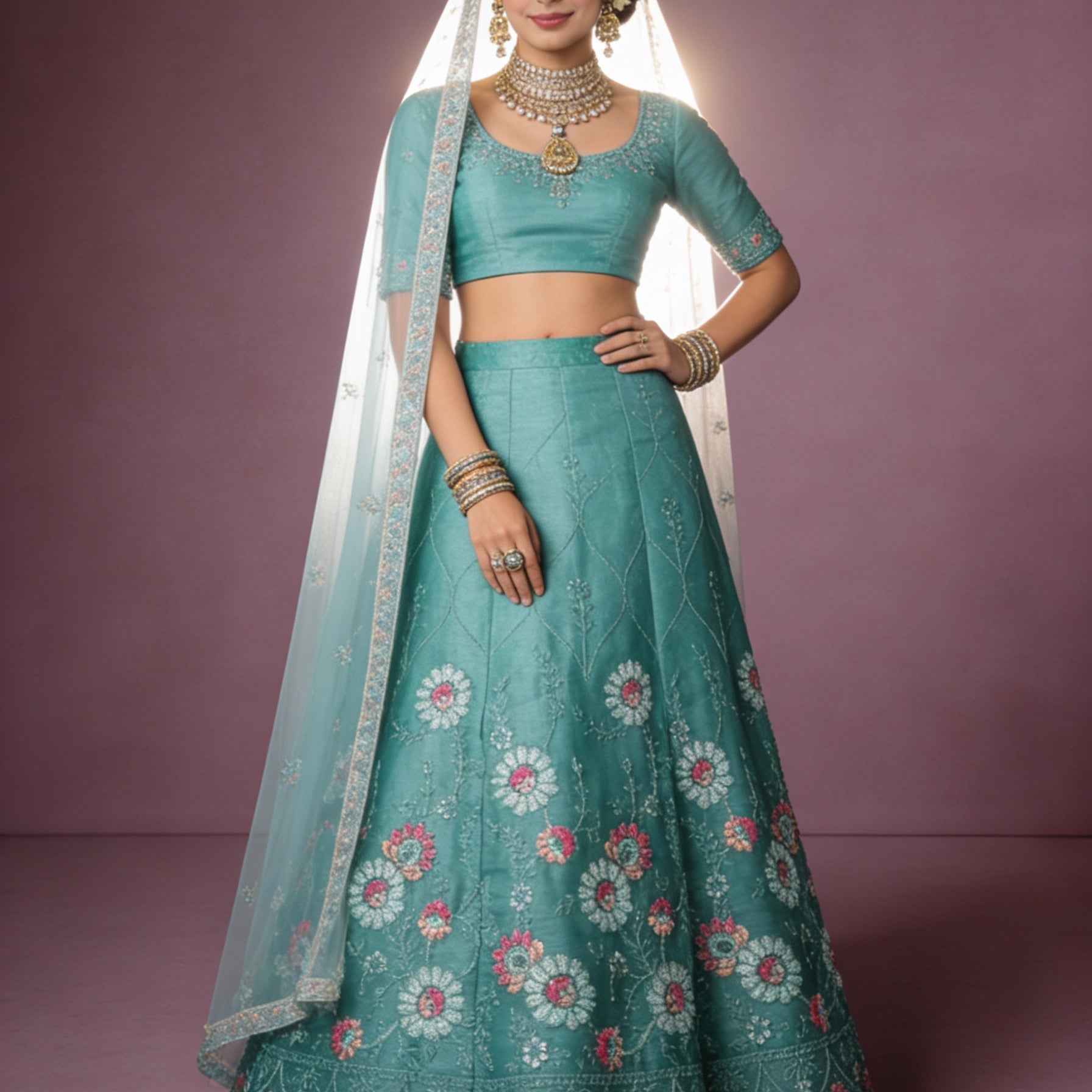 Sea Green Organza Lehenga (Semi-Stitched)