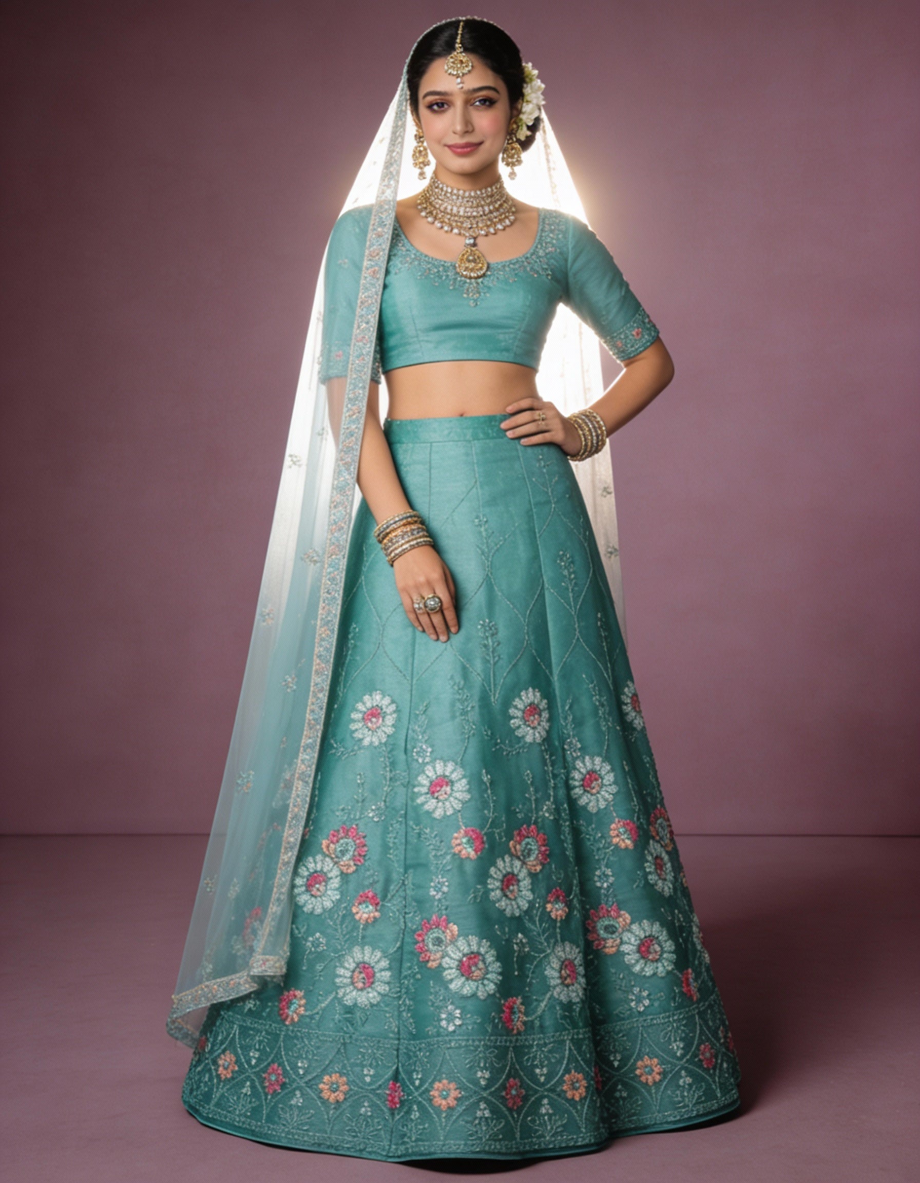 Sea Green Organza Lehenga (Semi-Stitched)