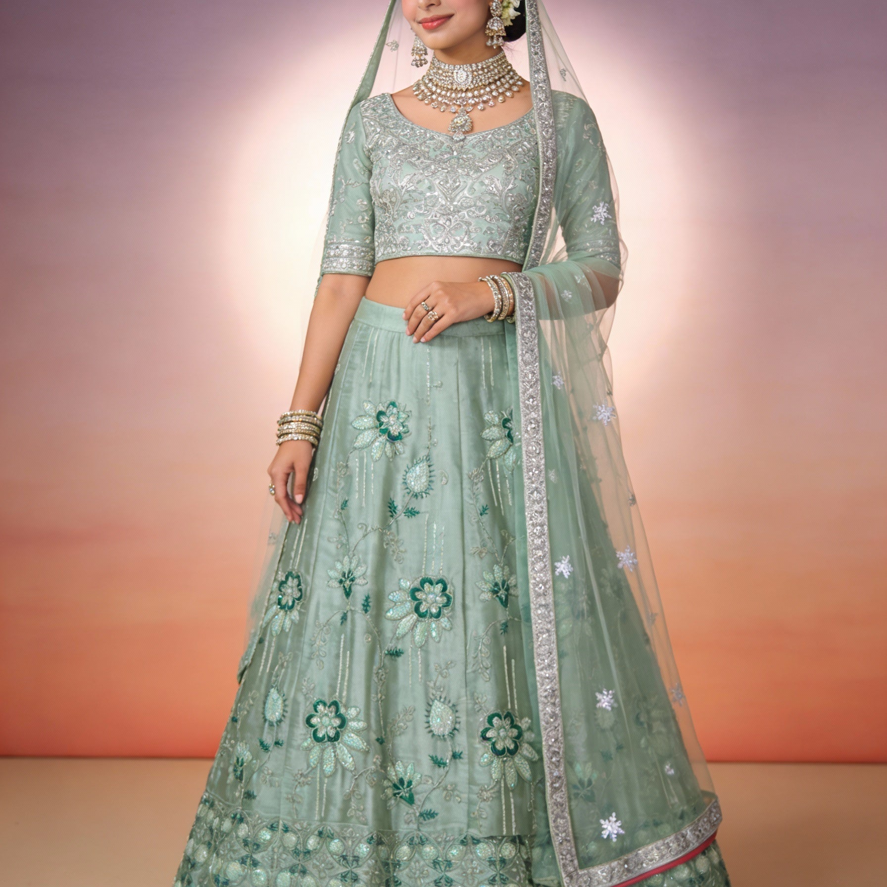 Seafoam Green Organza Lehenga (Semi-Stitched)