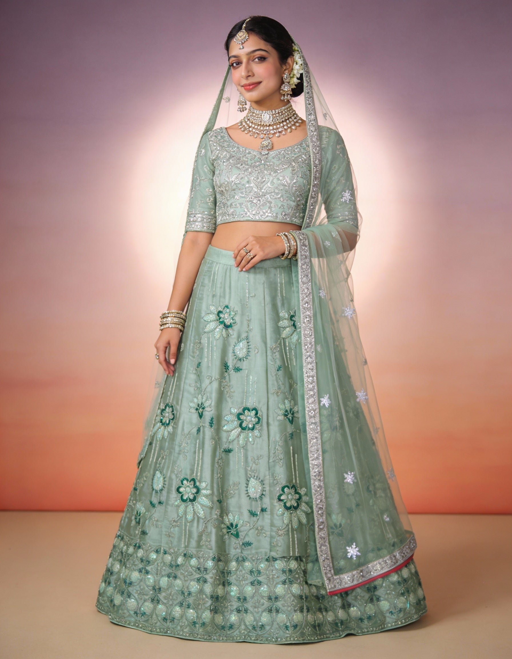 Seafoam Green Organza Lehenga (Semi-Stitched)