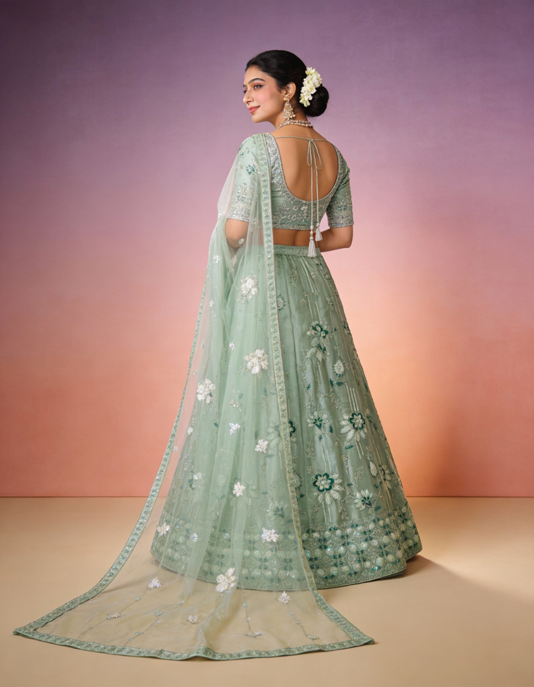 Seafoam Green Organza Lehenga (Semi-Stitched)
