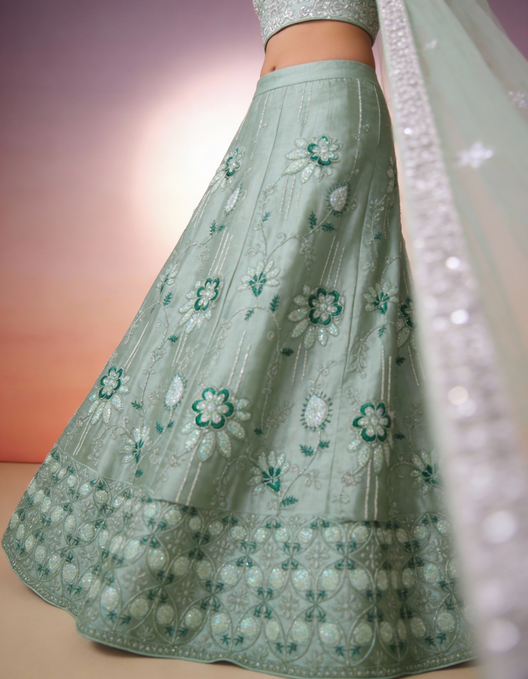 Seafoam Green Organza Lehenga (Semi-Stitched)