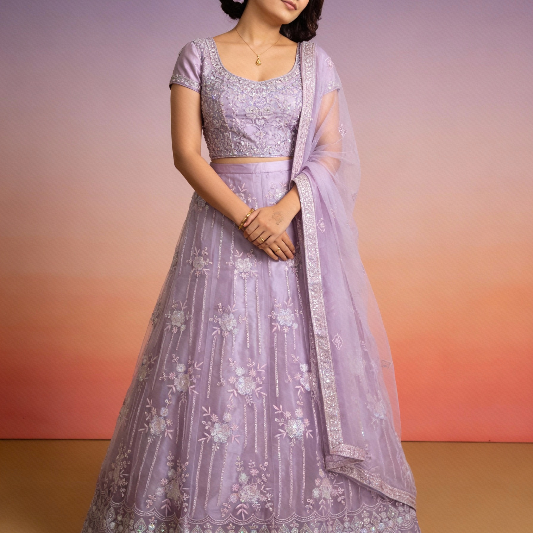Lavender Net Tulle Lehenga (Semi-Stitched)