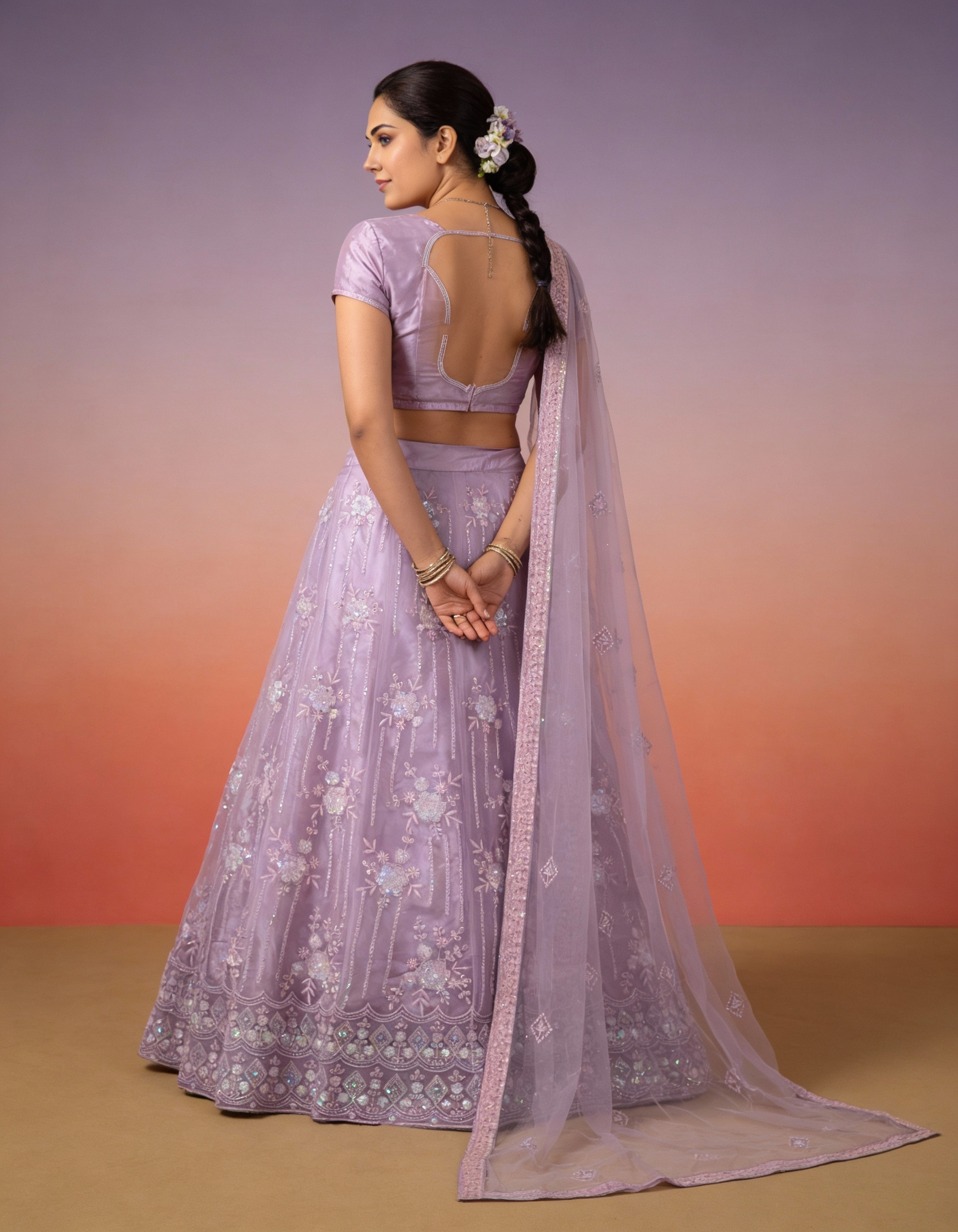 Lavender Net Tulle Lehenga (Semi-Stitched)