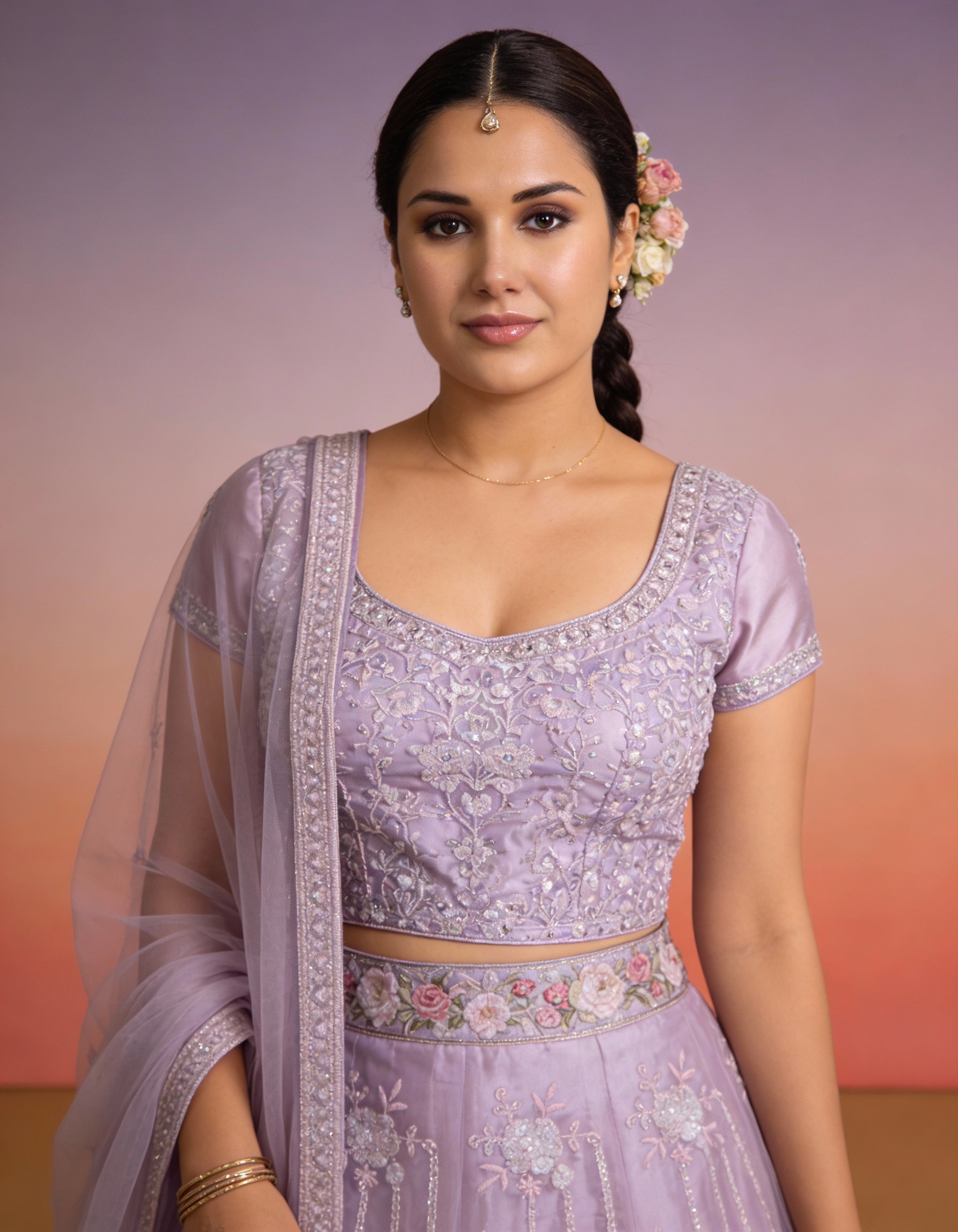 Lavender Net Tulle Lehenga (Semi-Stitched)