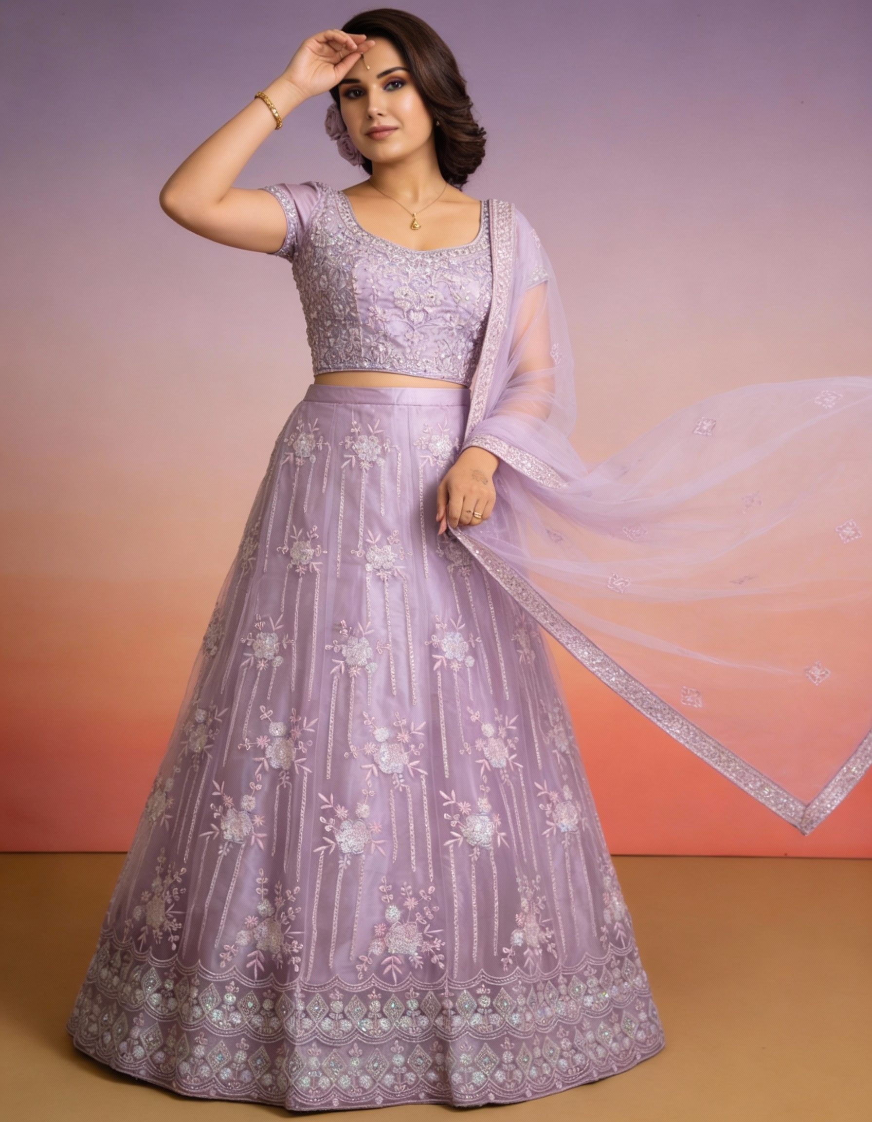 Lavender Net Tulle Lehenga (Semi-Stitched)