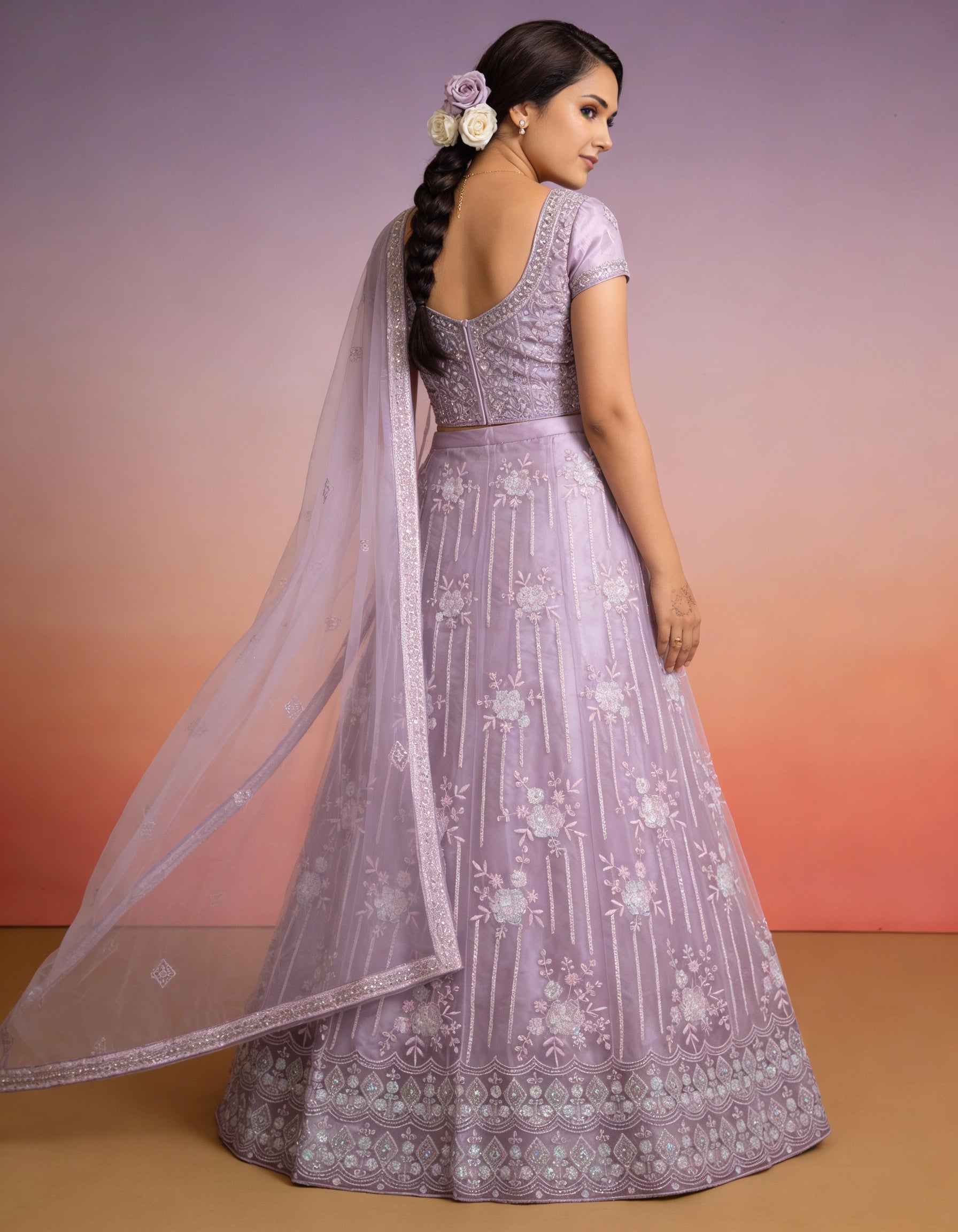 Lavender Net Tulle Lehenga (Semi-Stitched)