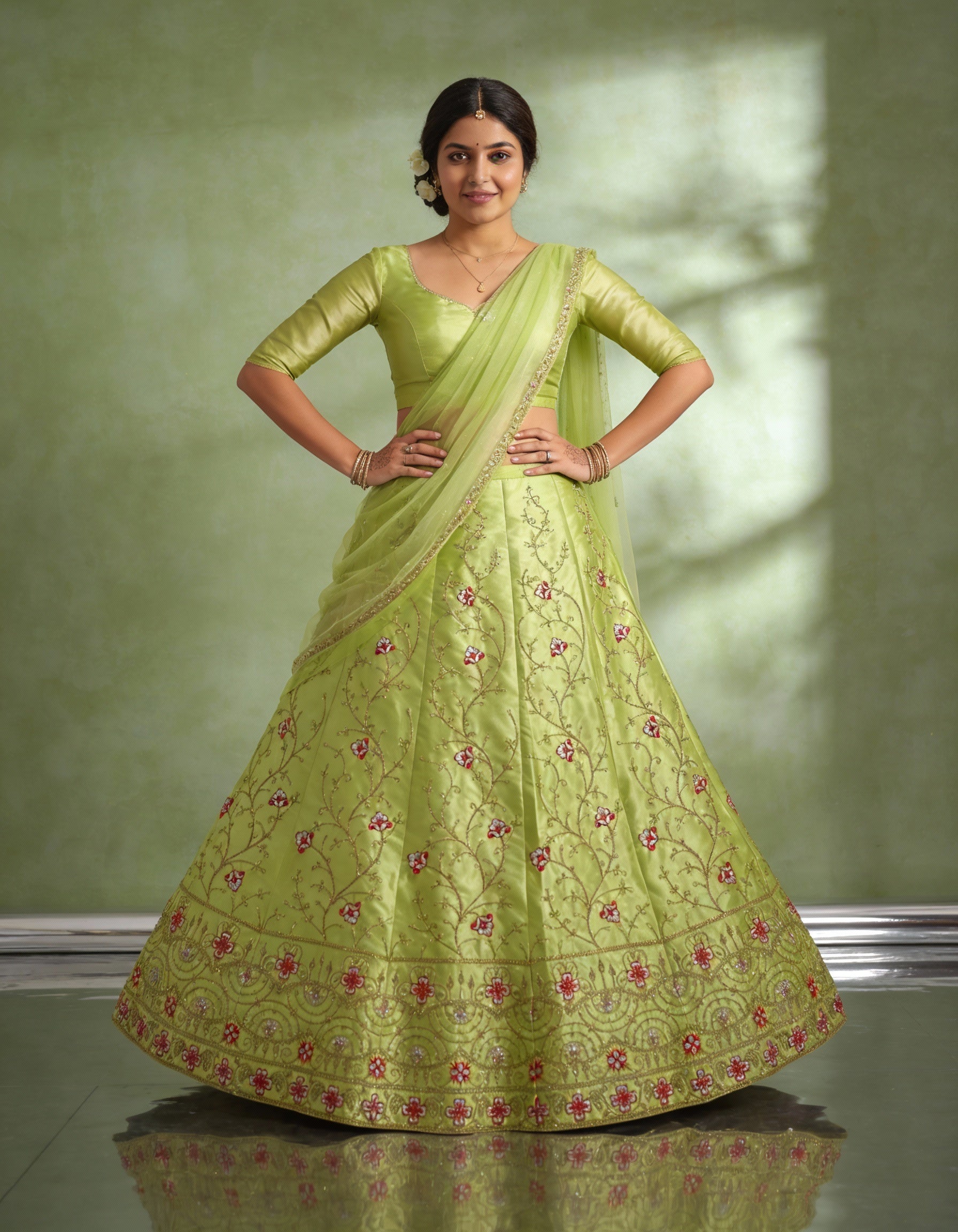 Lime Green Silk Satin Lehenga  (Semi-Stitched)