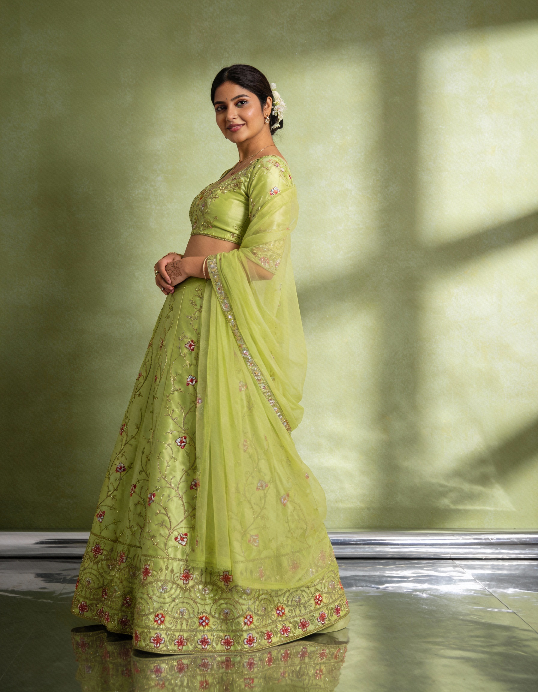 Lime Green Silk Satin Lehenga  (Semi-Stitched)