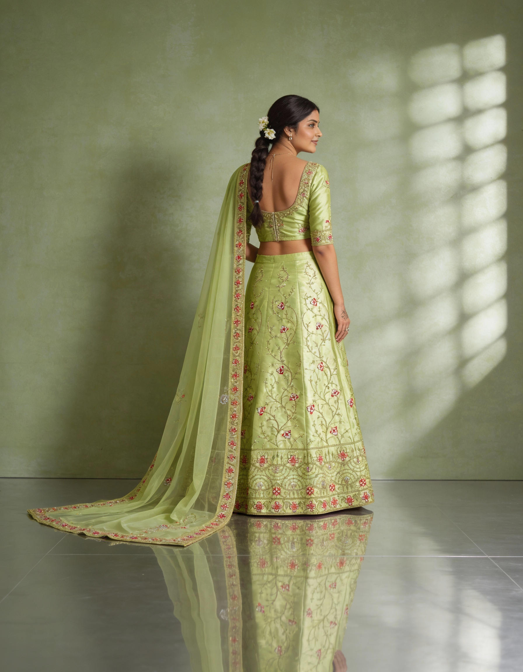 Lime Green Silk Satin Lehenga  (Semi-Stitched)