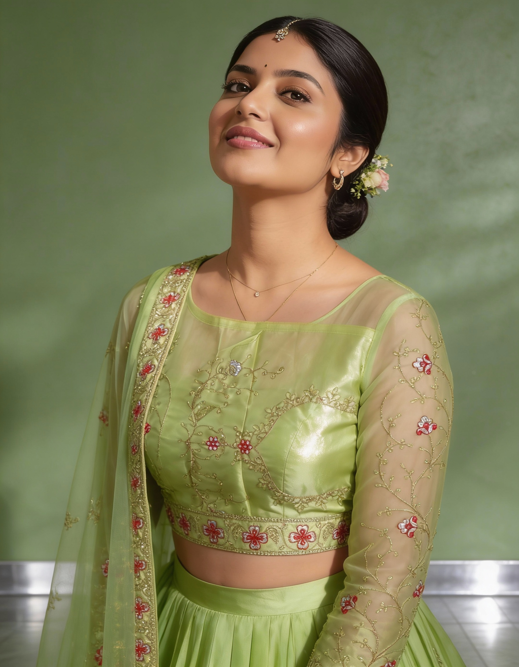 Lime Green Silk Satin Lehenga  (Semi-Stitched)