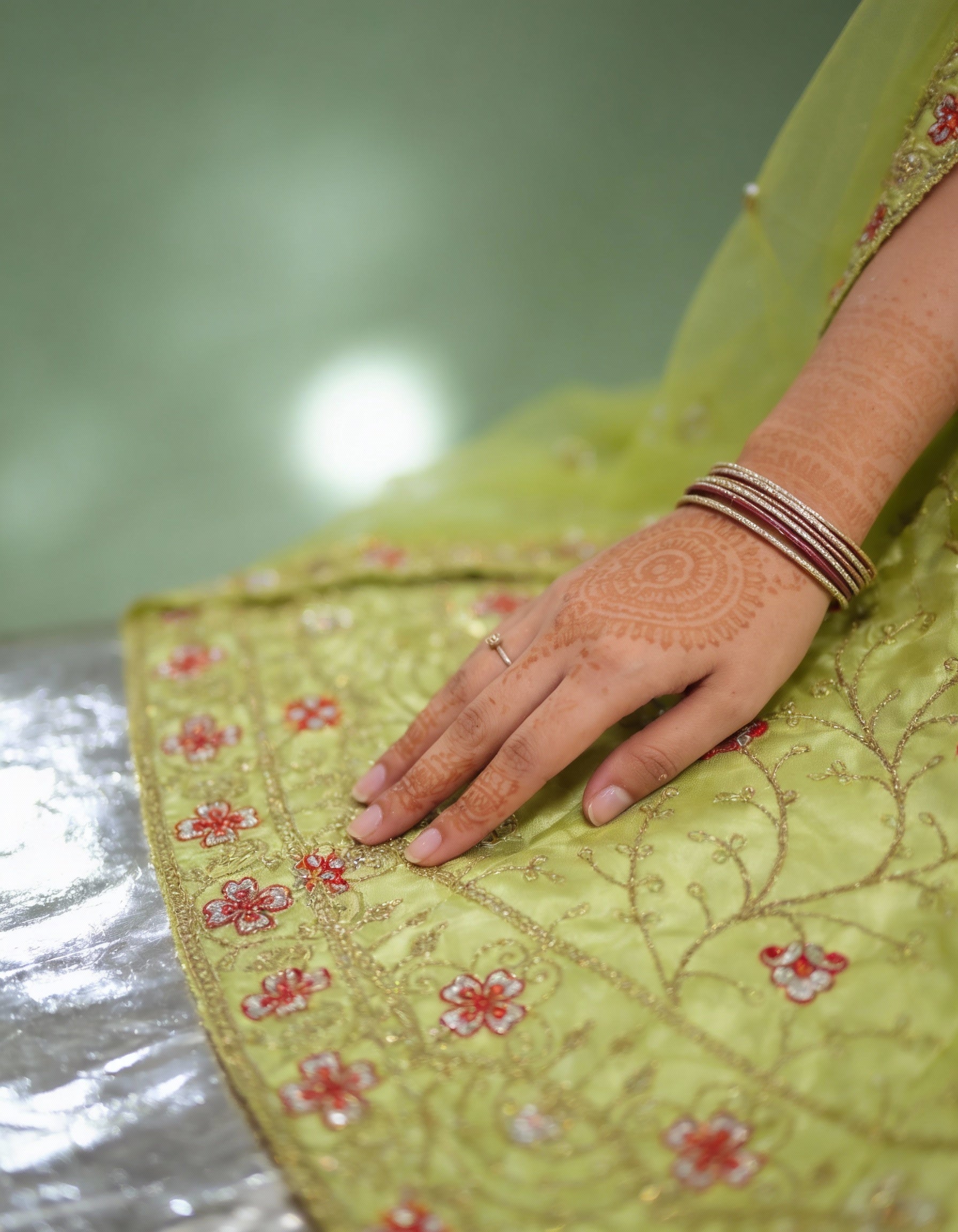 Lime Green Silk Satin Lehenga  (Semi-Stitched)