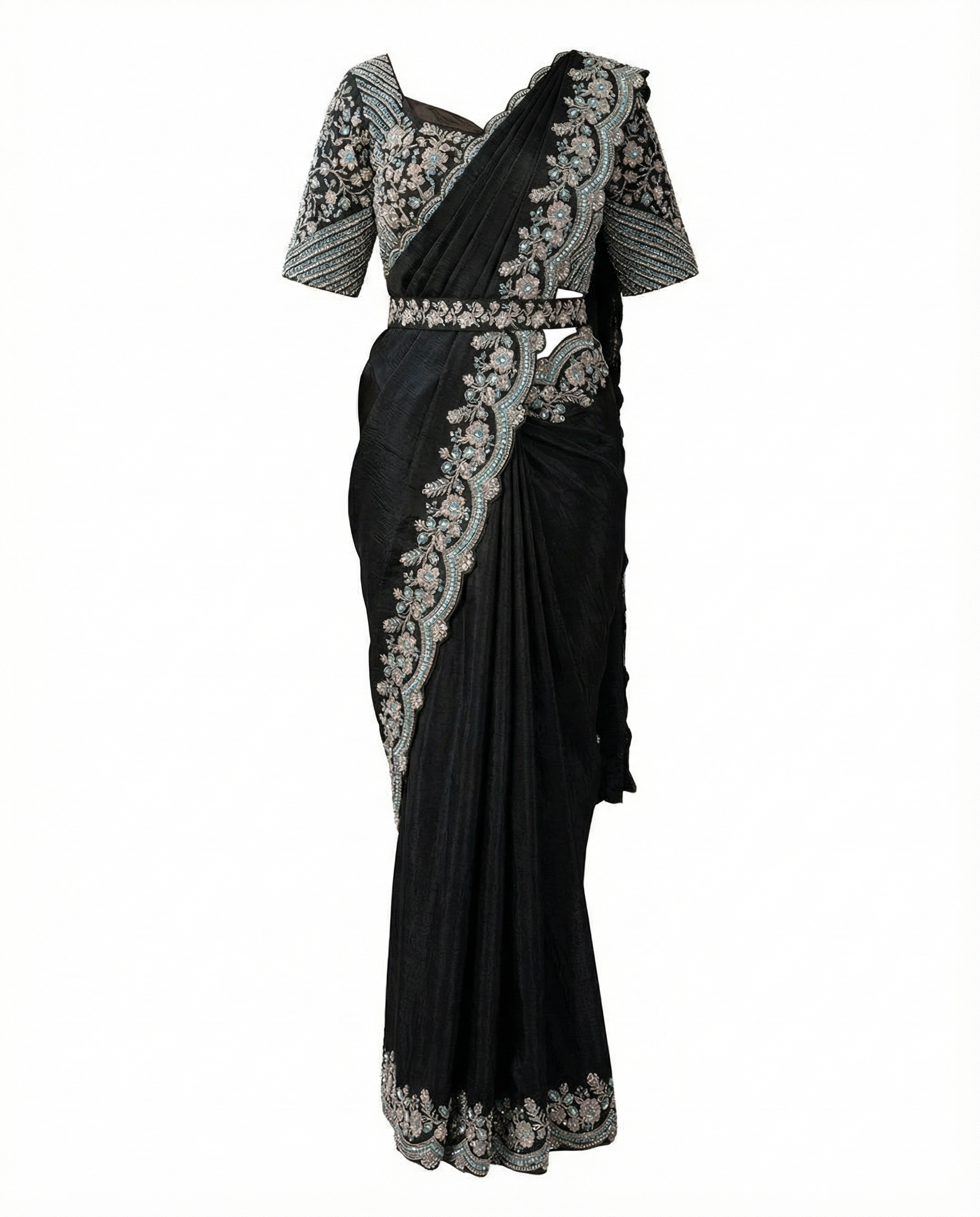 Majree Black Two Tone Satin Silver Embroidery Saree