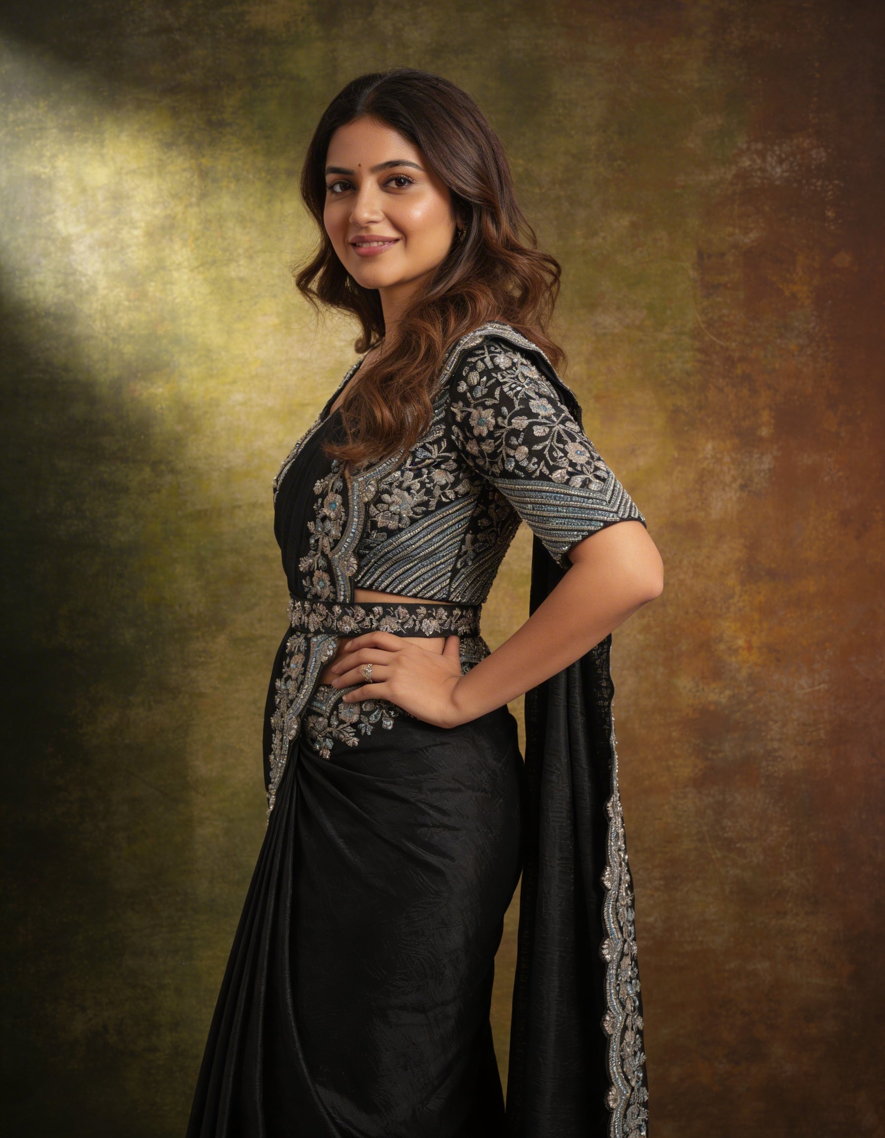 Majree Black Two Tone Satin Silver Embroidery Saree