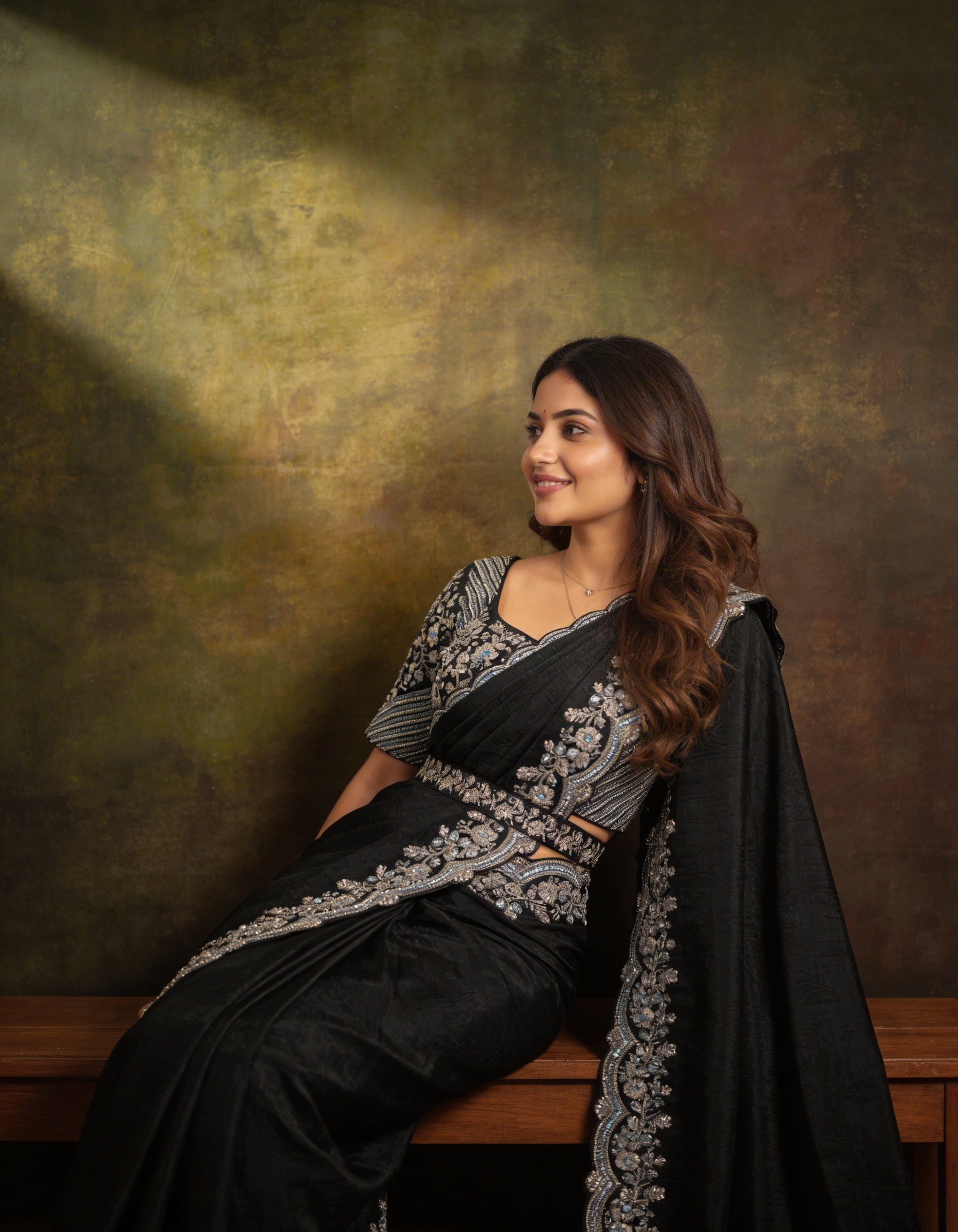 Majree Black Two Tone Satin Silver Embroidery Saree