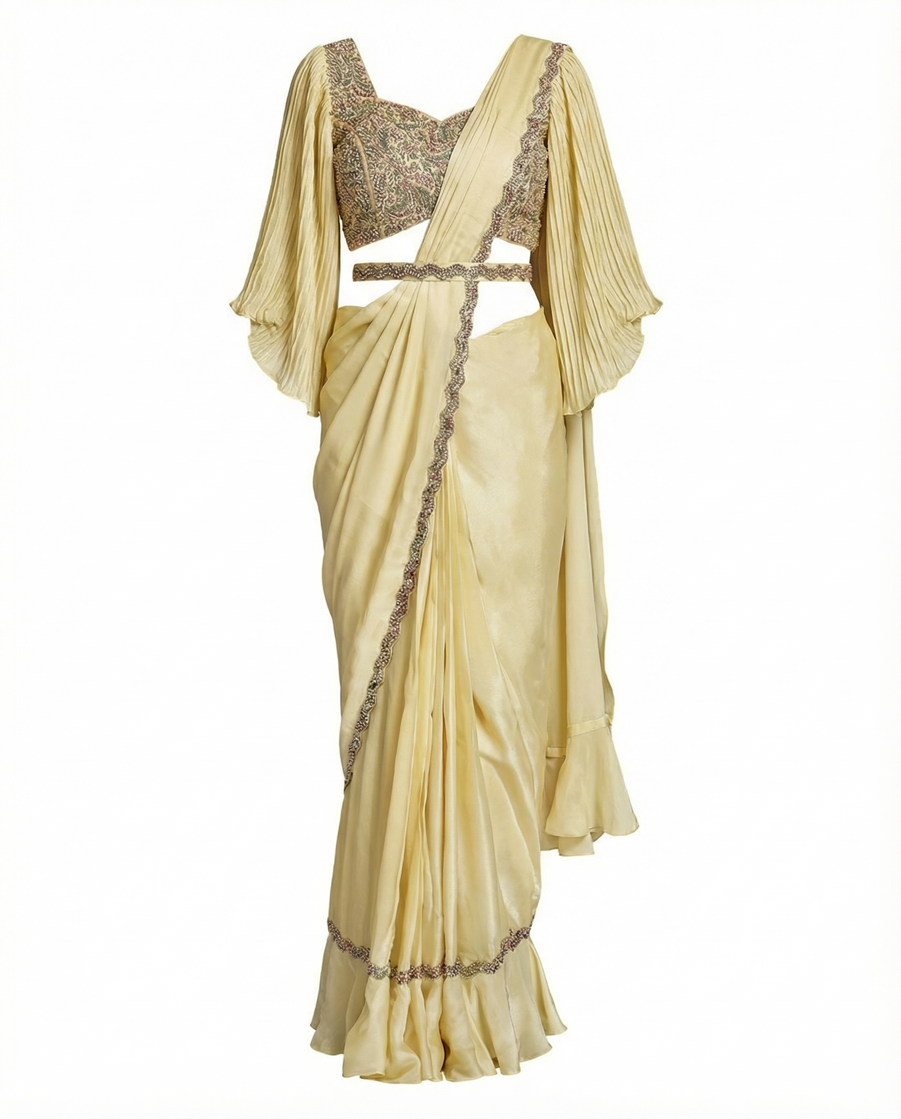 Majree Pastel Yellow Two Tone Satin Stone Work Saree