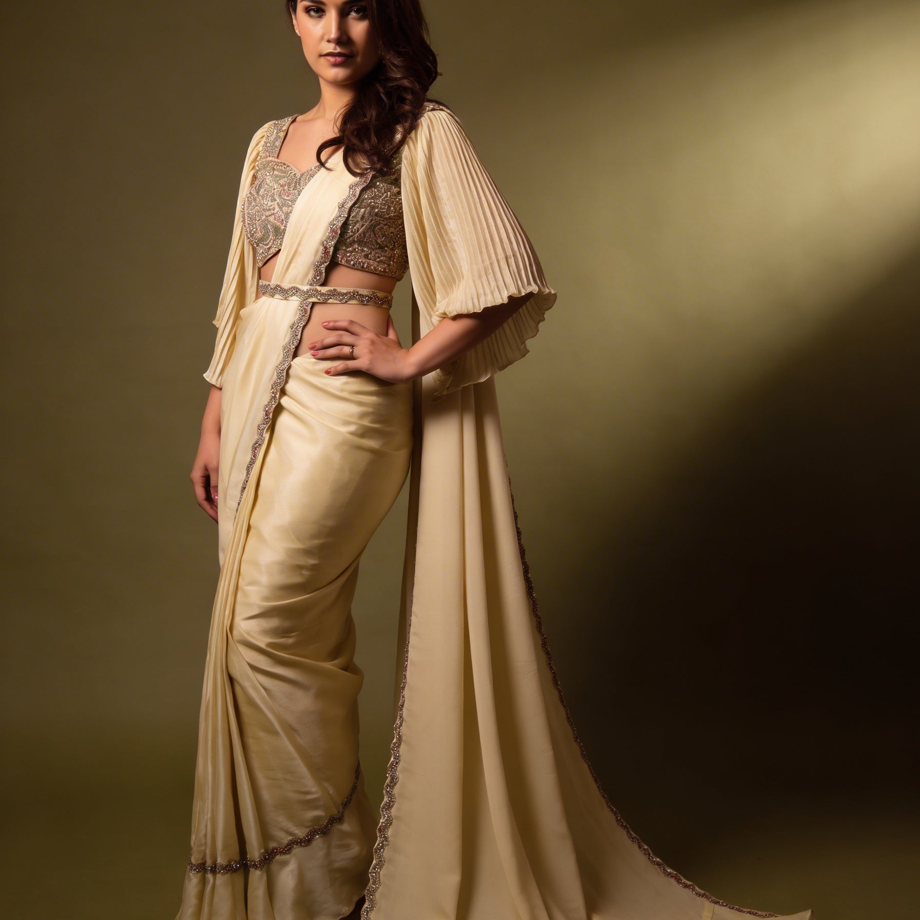 Majree Pastel Yellow Two Tone Satin Stone Work Saree