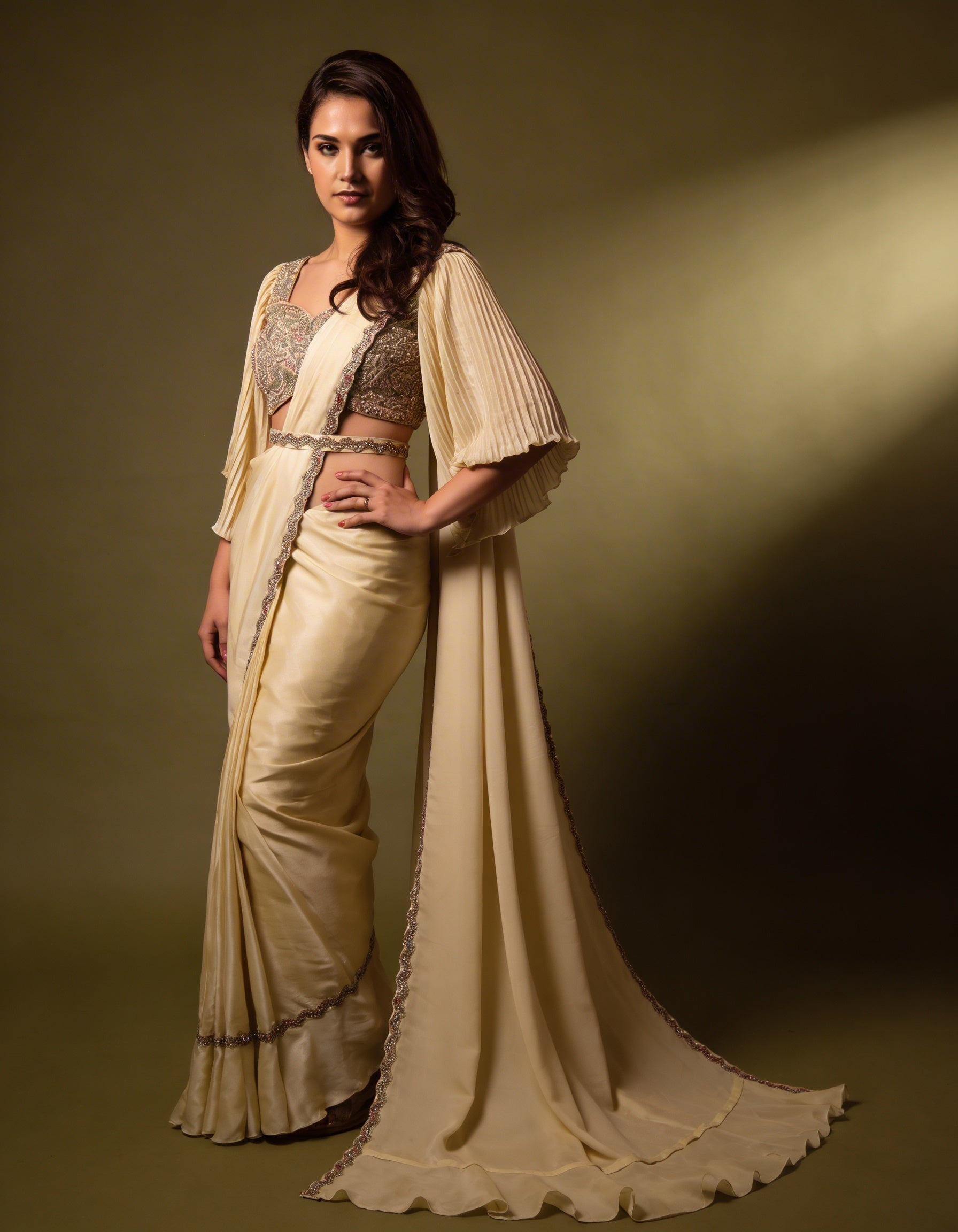 Majree Pastel Yellow Two Tone Satin Stone Work Saree