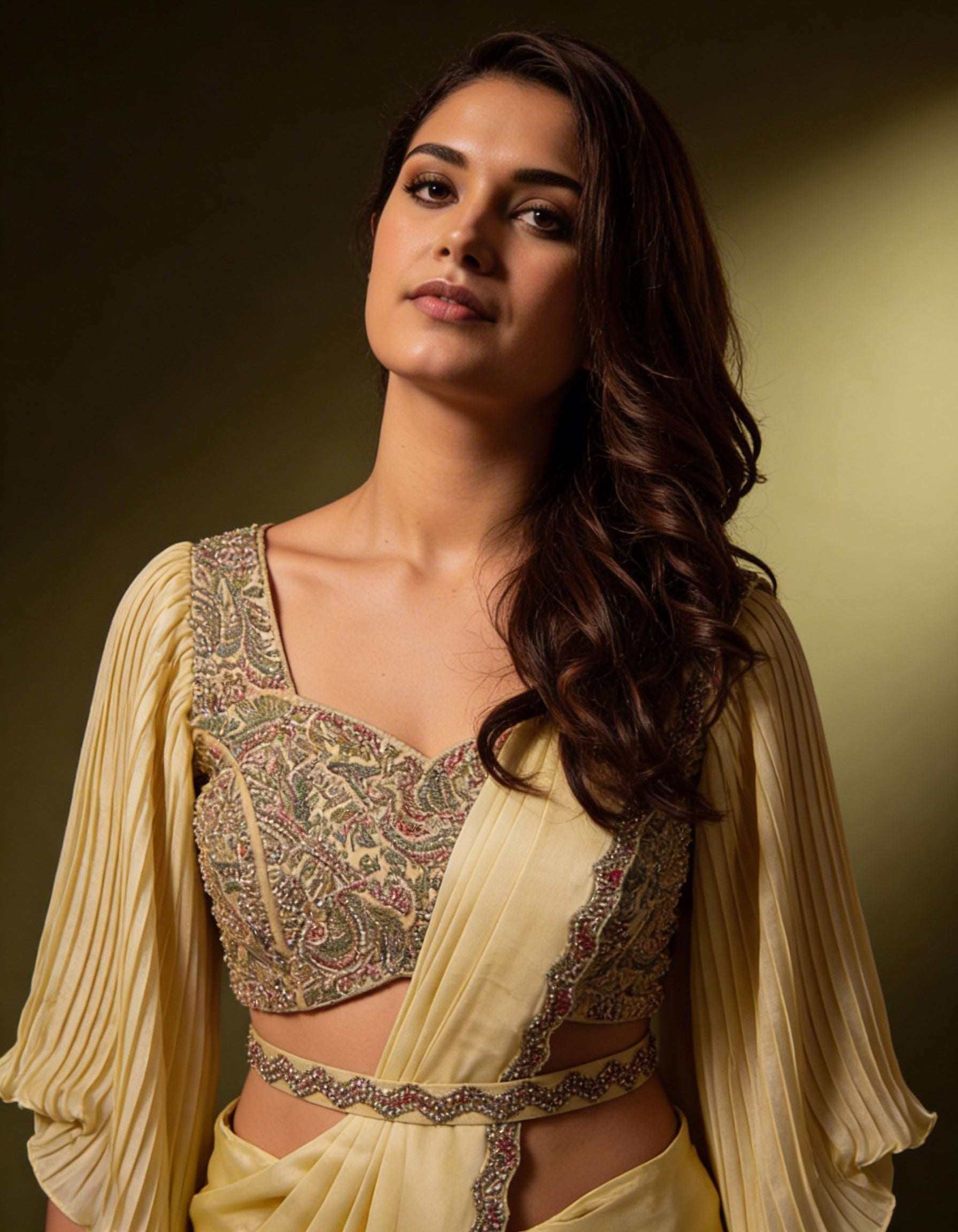 Majree Pastel Yellow Two Tone Satin Stone Work Saree