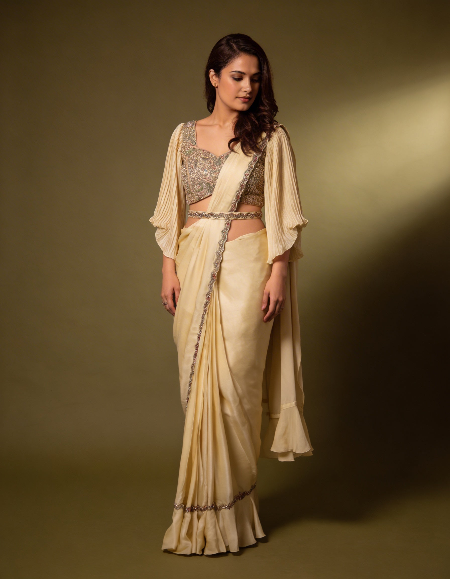 Majree Pastel Yellow Two Tone Satin Stone Work Saree