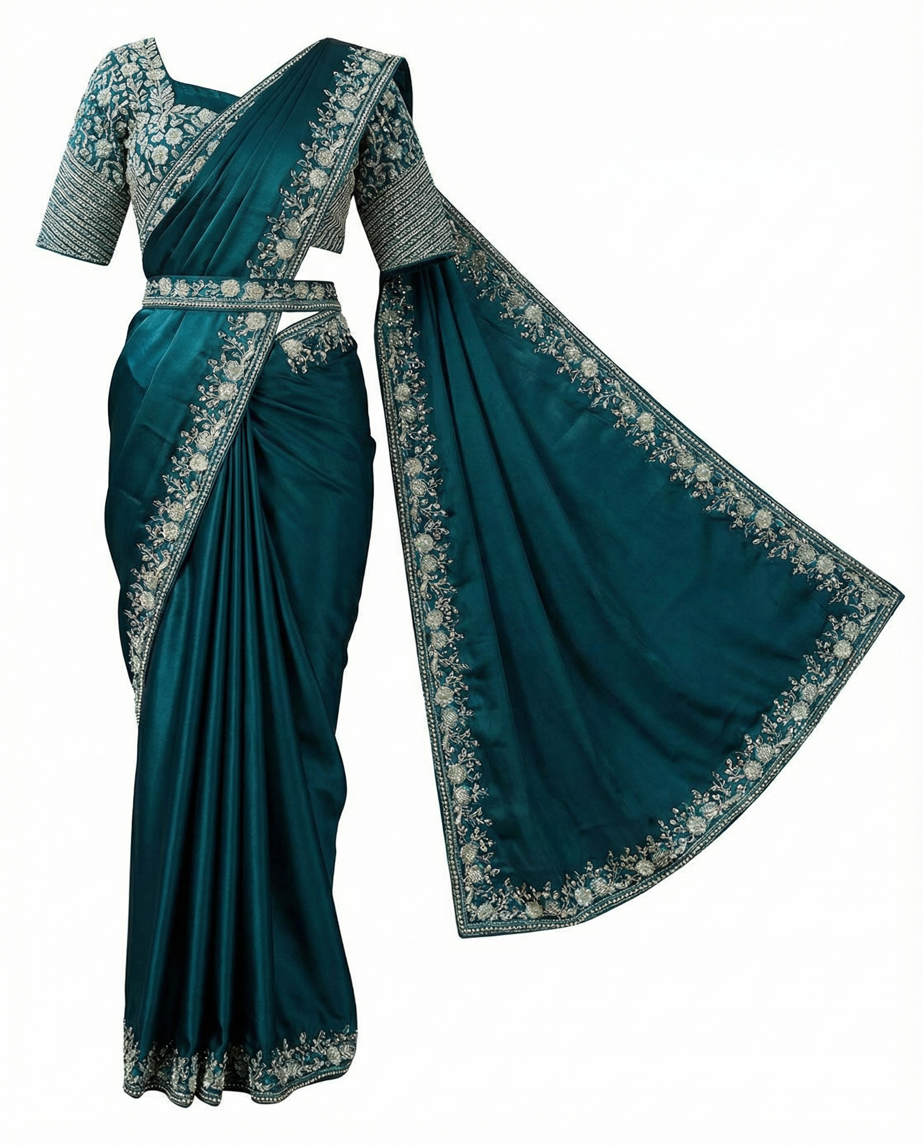 Majree Teal Soft Satin Stone & Pearl Embellished Saree