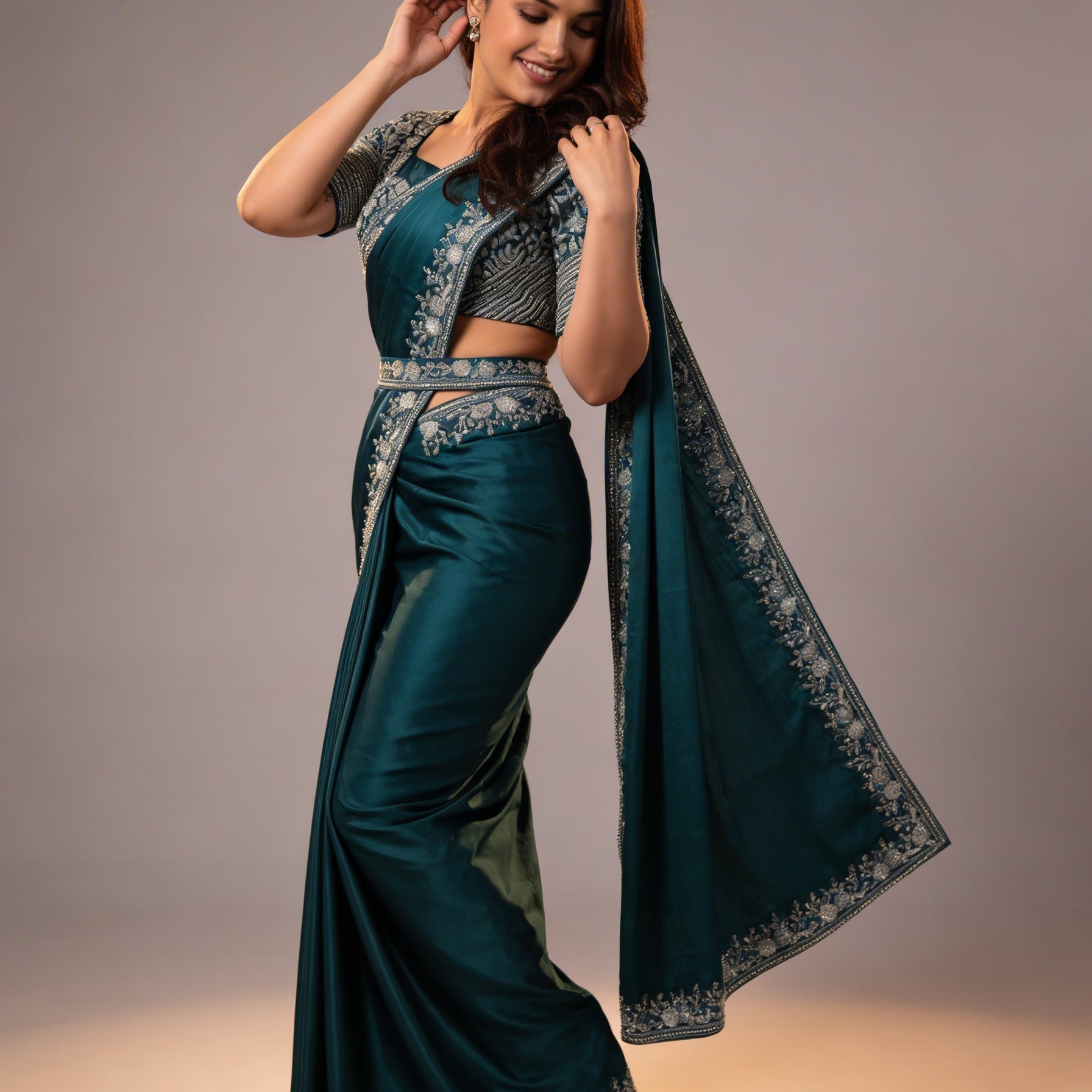 Majree Teal Soft Satin Stone & Pearl Embellished Saree