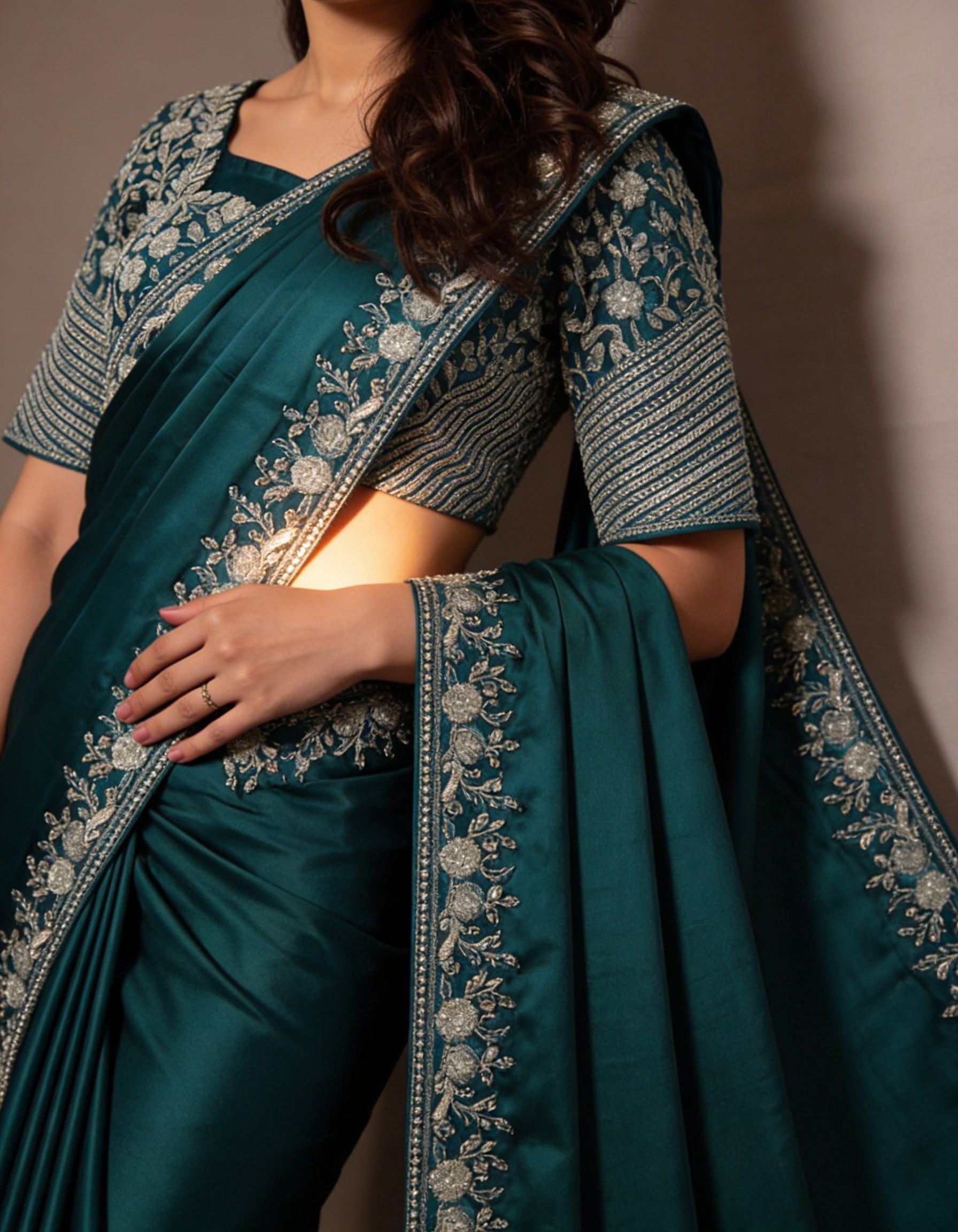 Majree Teal Soft Satin Stone & Pearl Embellished Saree