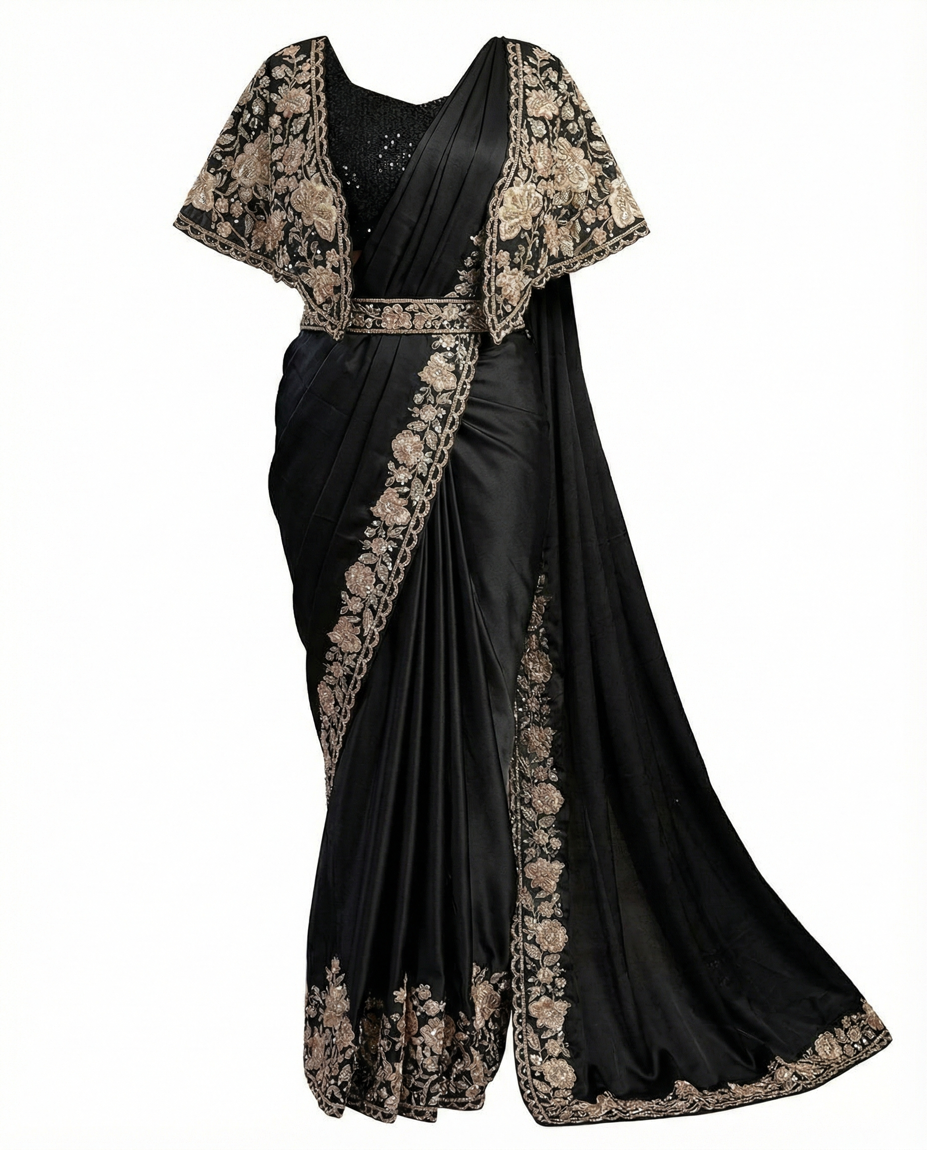 Majree Classic Black Floral Applique One Minute Saree