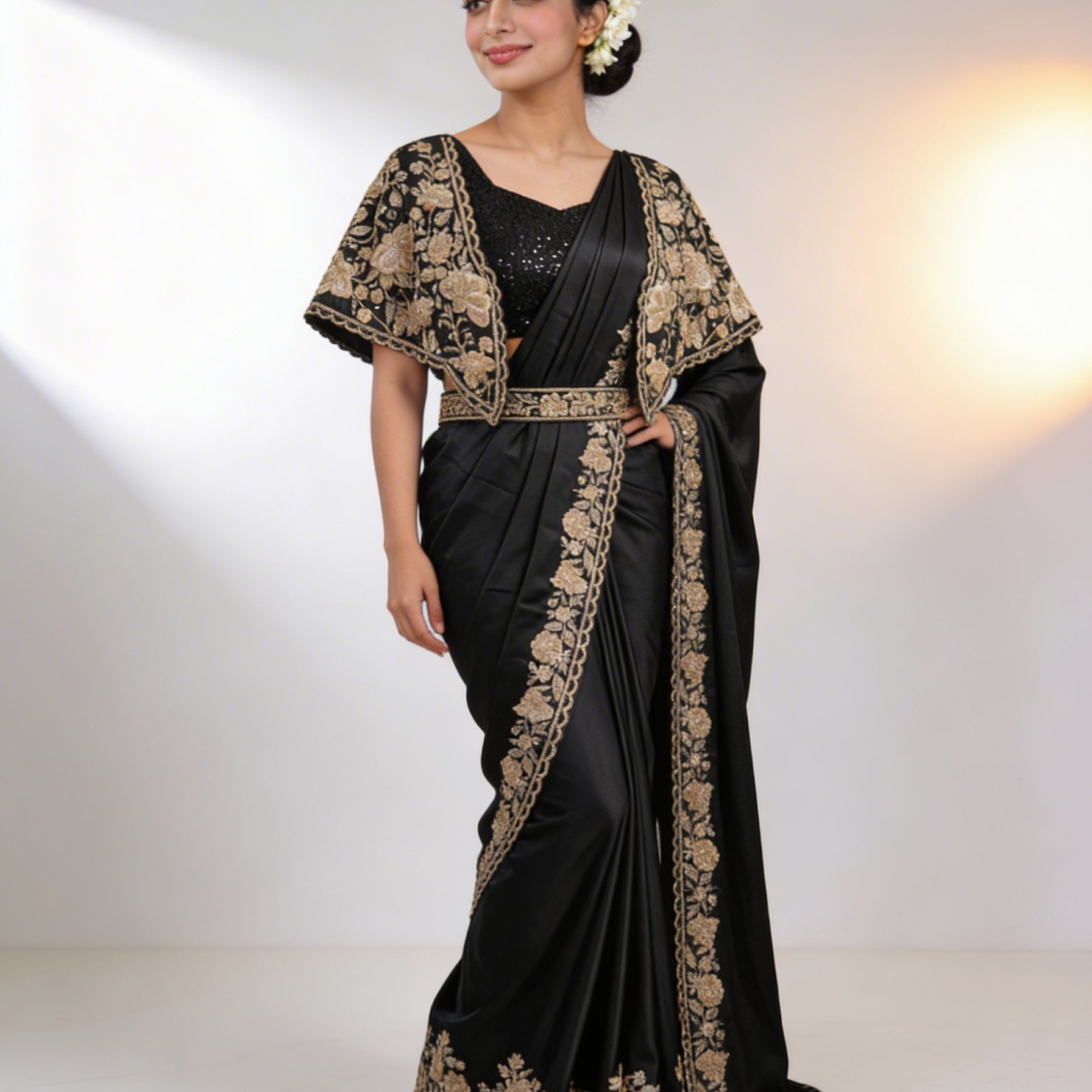 Majree Classic Black Floral Applique One Minute Saree