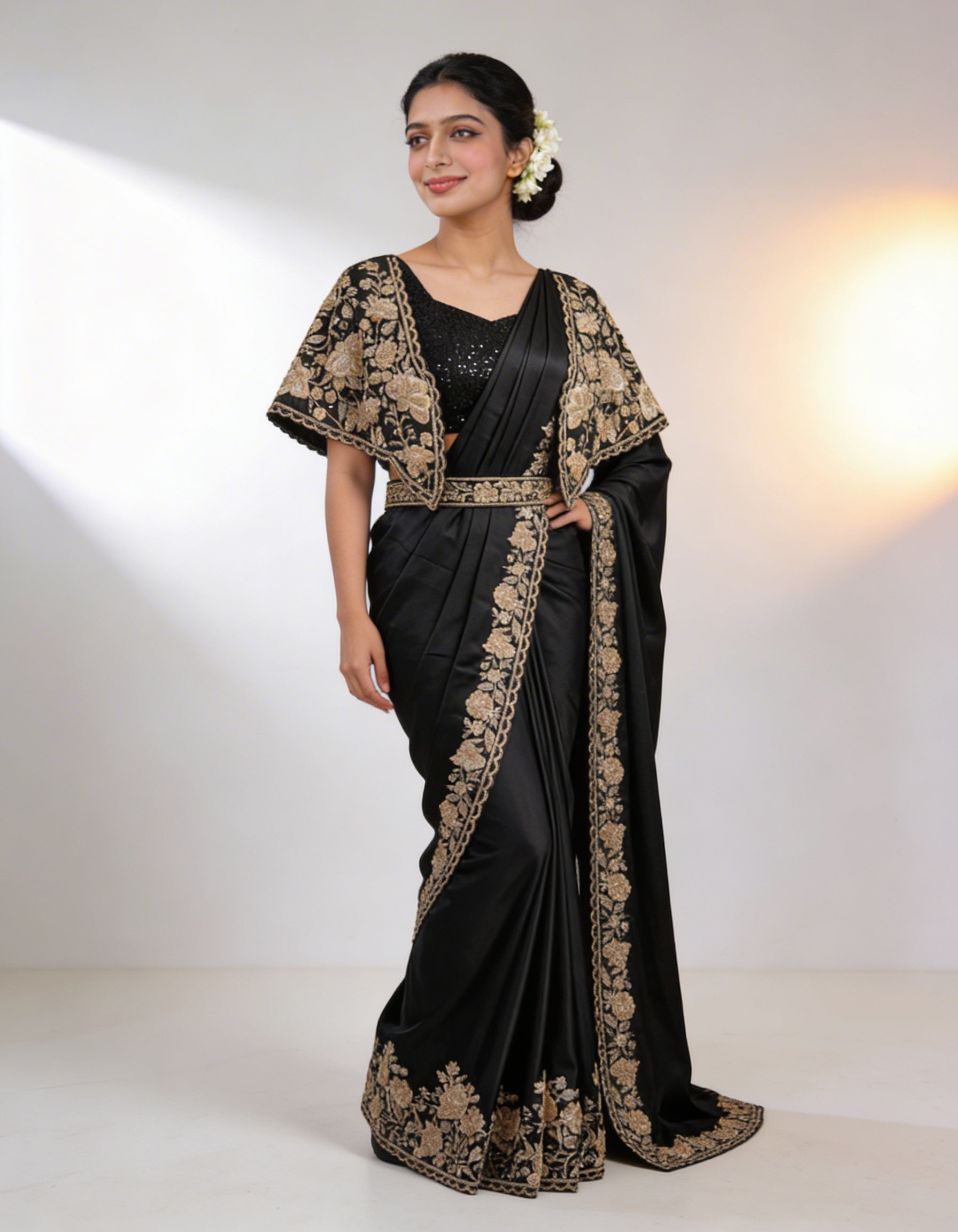 Majree Classic Black Floral Applique One Minute Saree