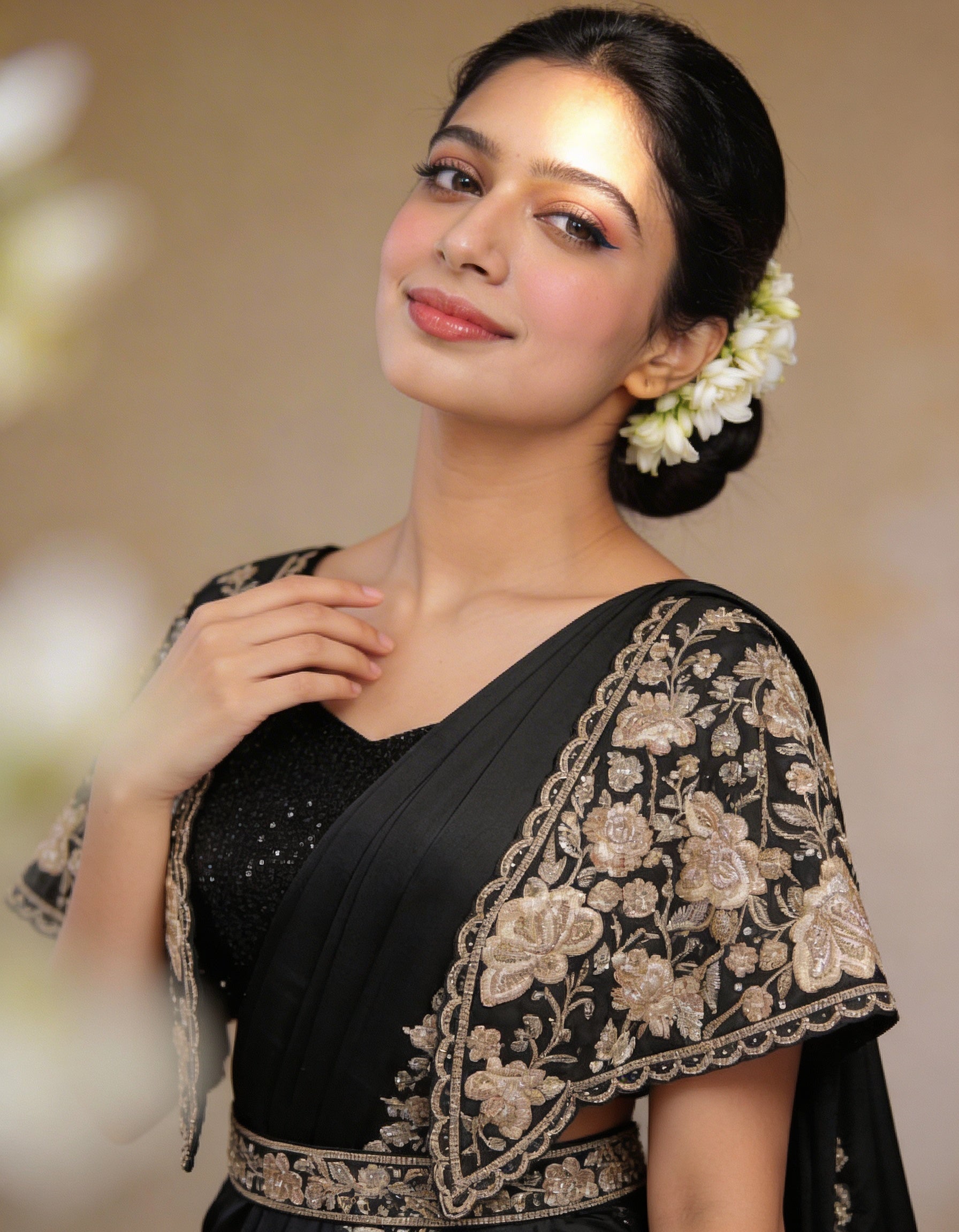 Majree Classic Black Floral Applique One Minute Saree