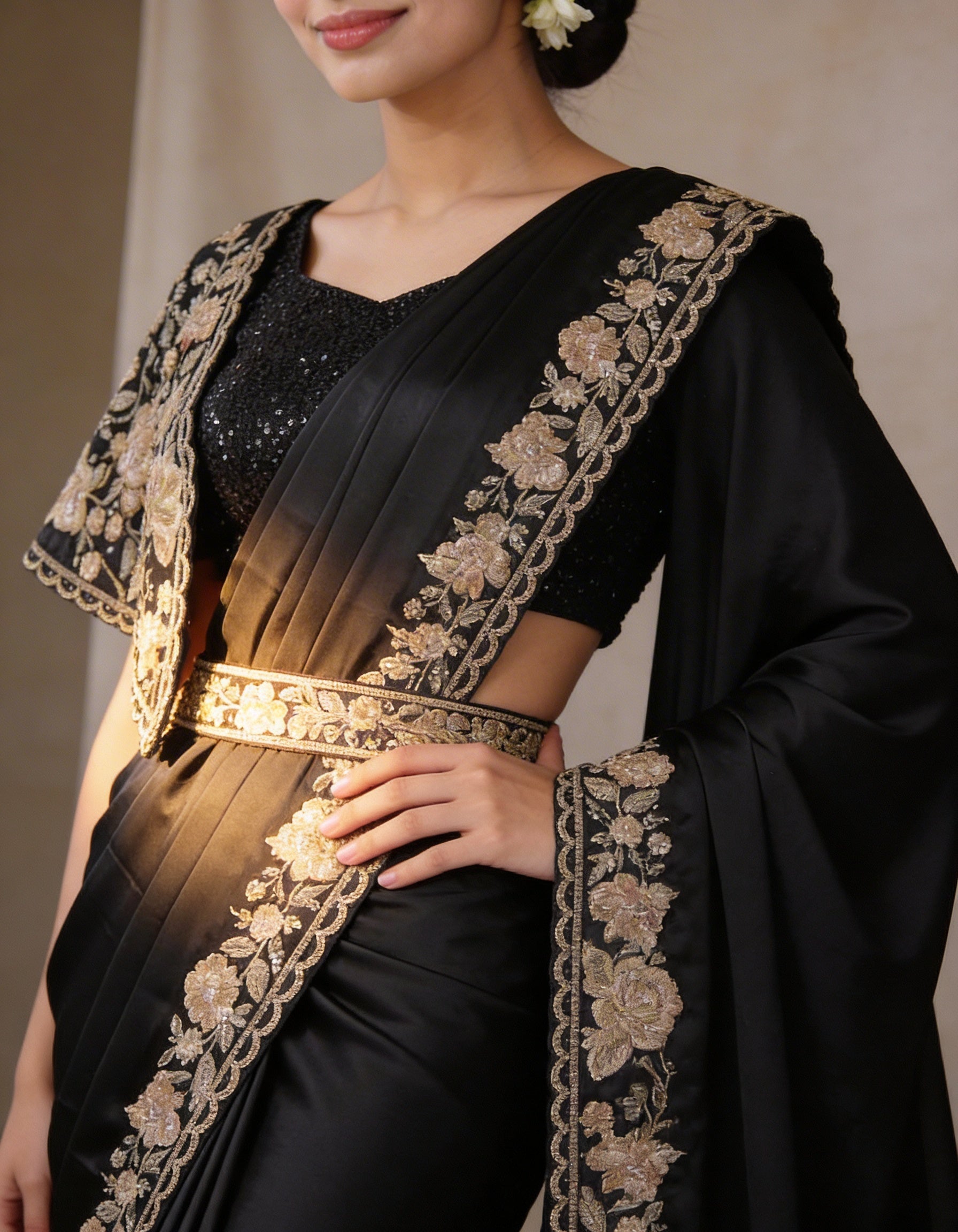 Majree Classic Black Floral Applique One Minute Saree