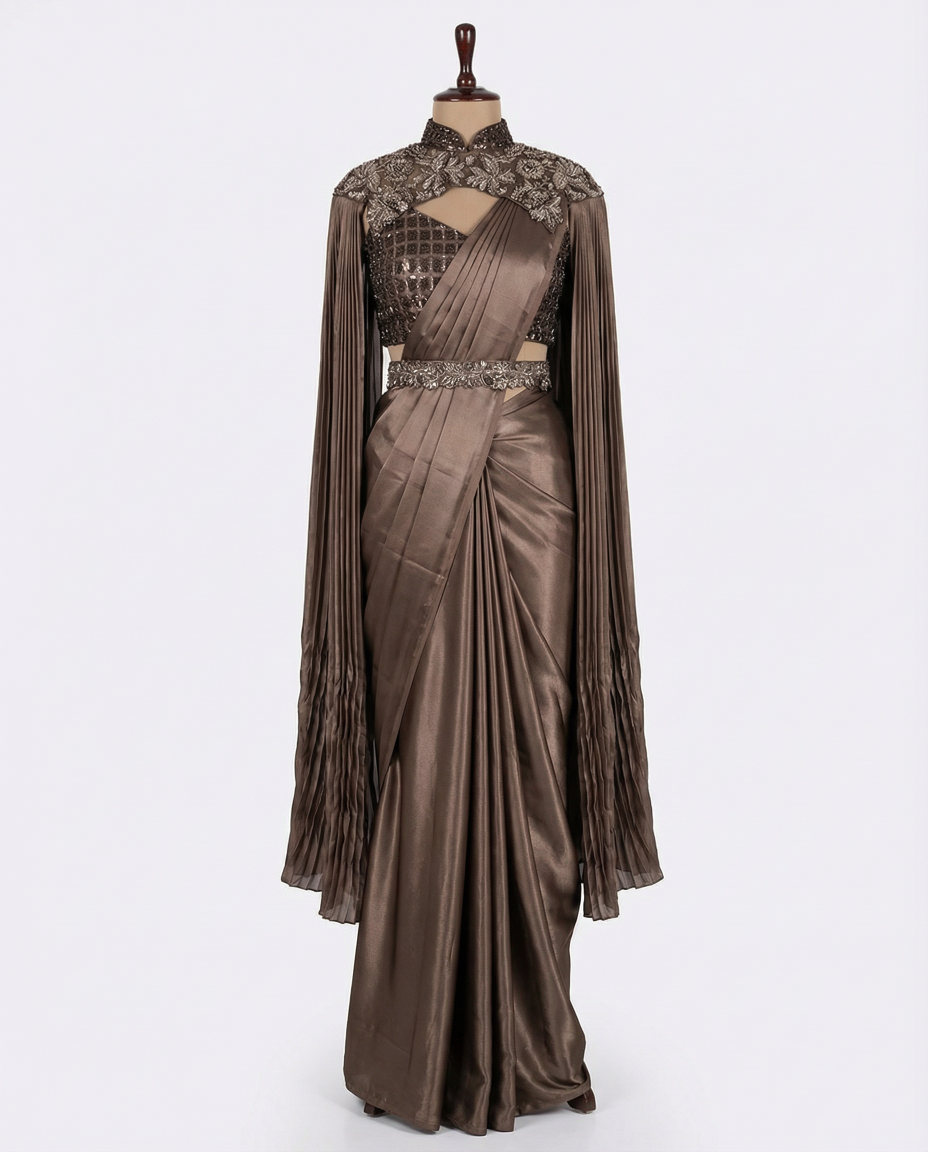 Majree Mocha Lustrous Armani Satin Cape Saree