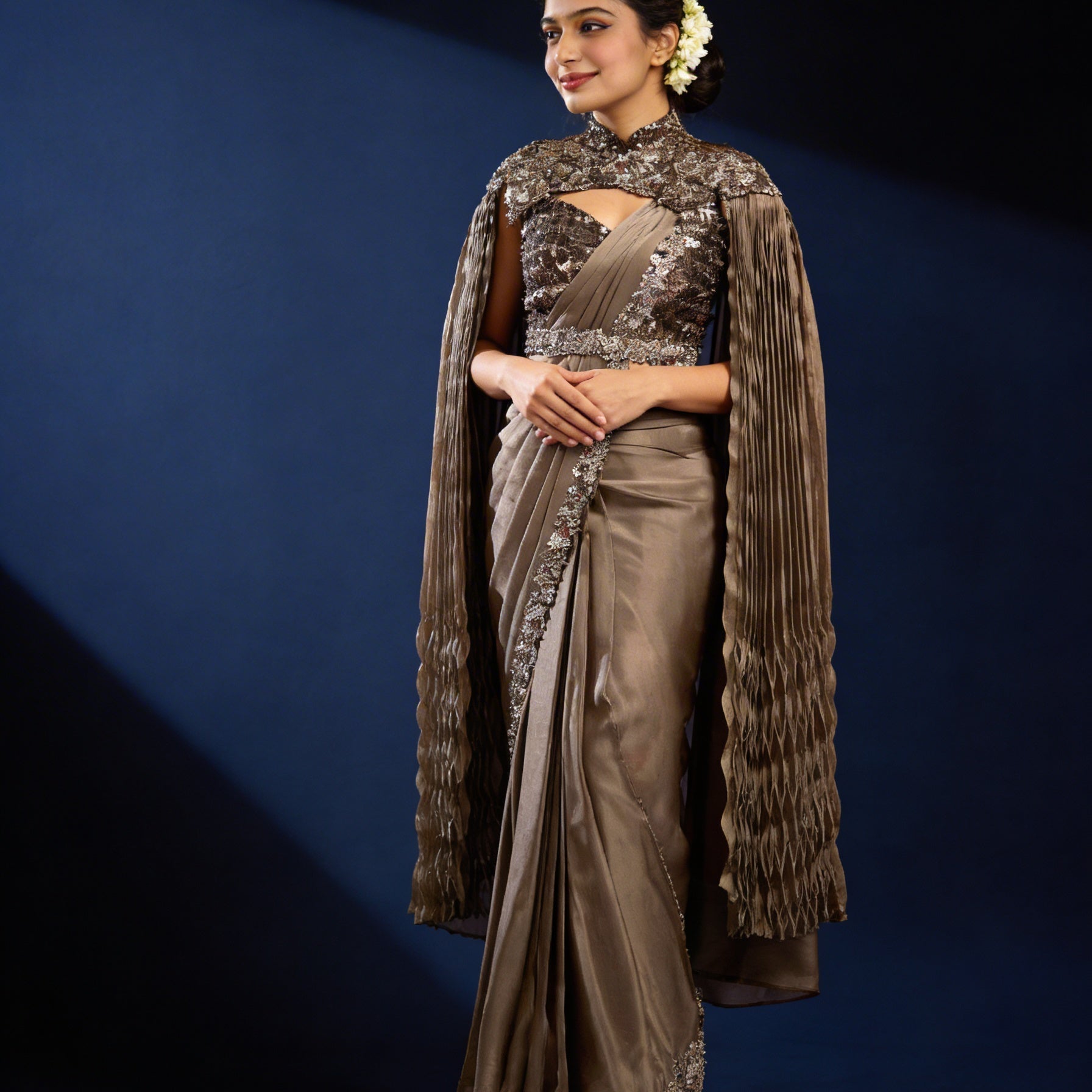 Majree Mocha Lustrous Armani Satin Cape Saree