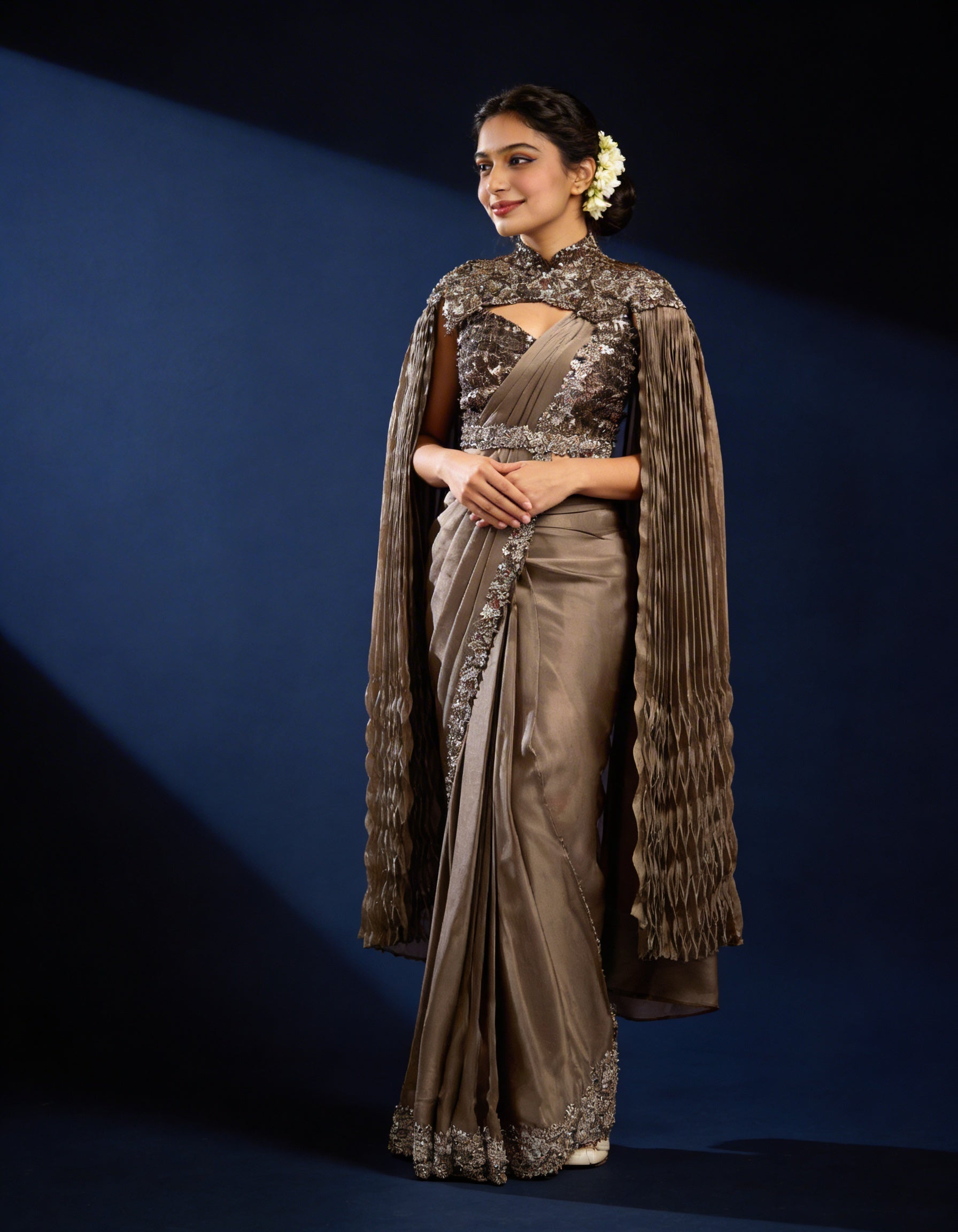 Majree Mocha Lustrous Armani Satin Cape Saree