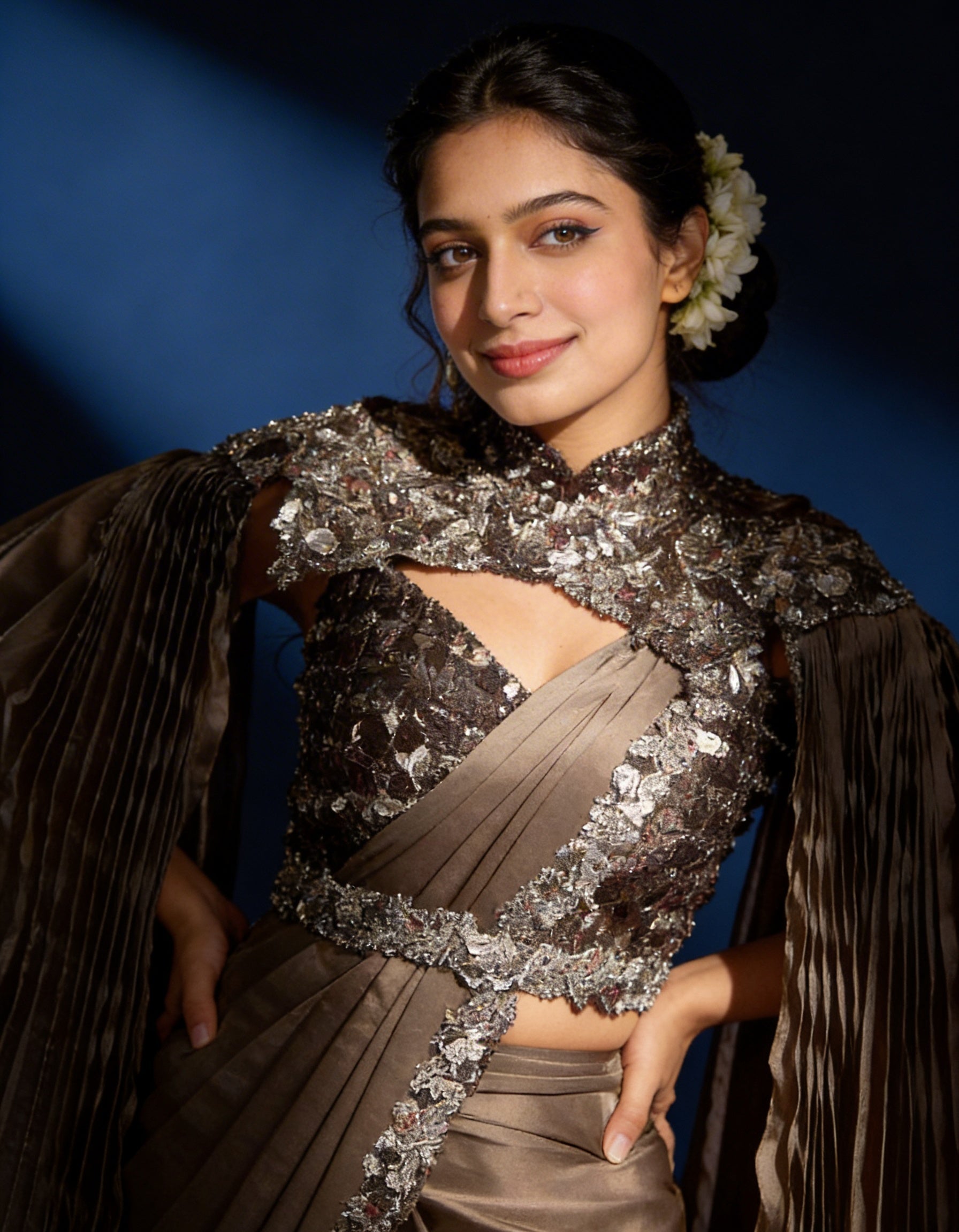 Majree Mocha Lustrous Armani Satin Cape Saree