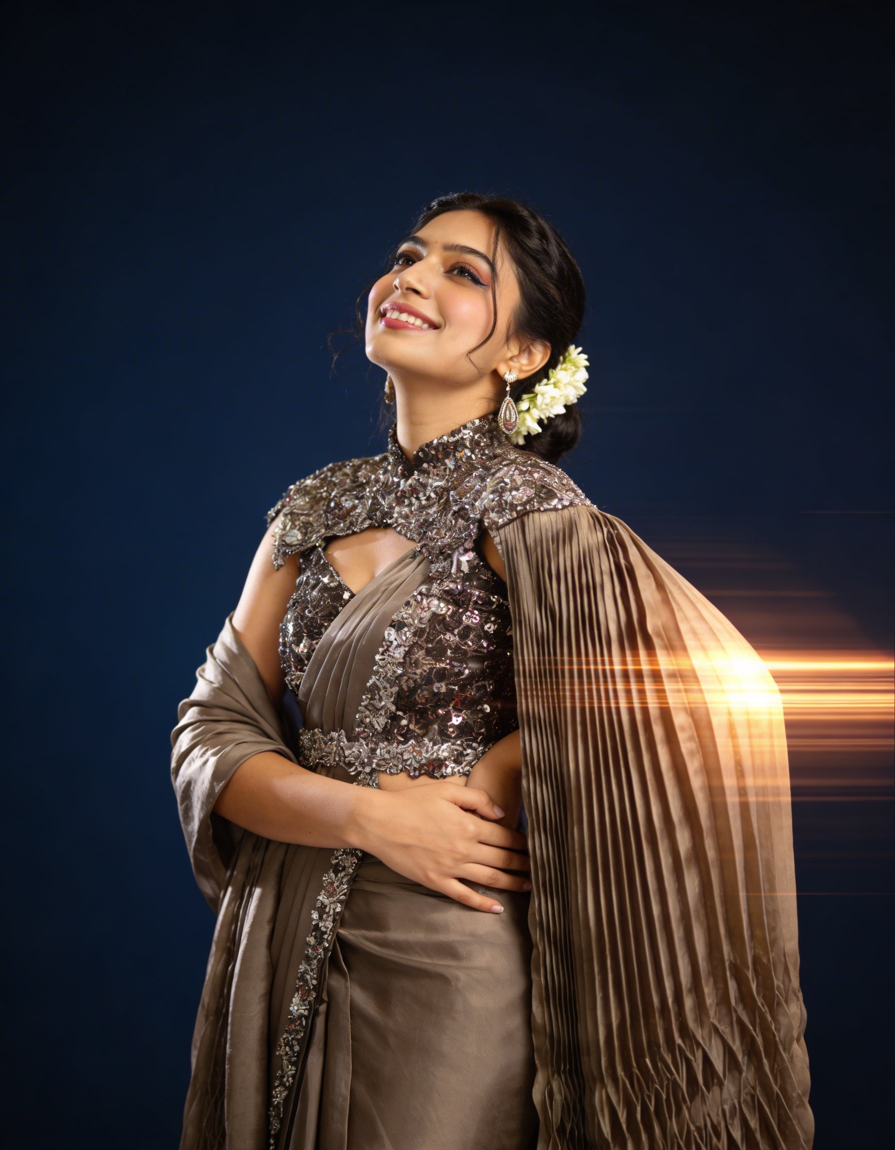 Majree Mocha Lustrous Armani Satin Cape Saree