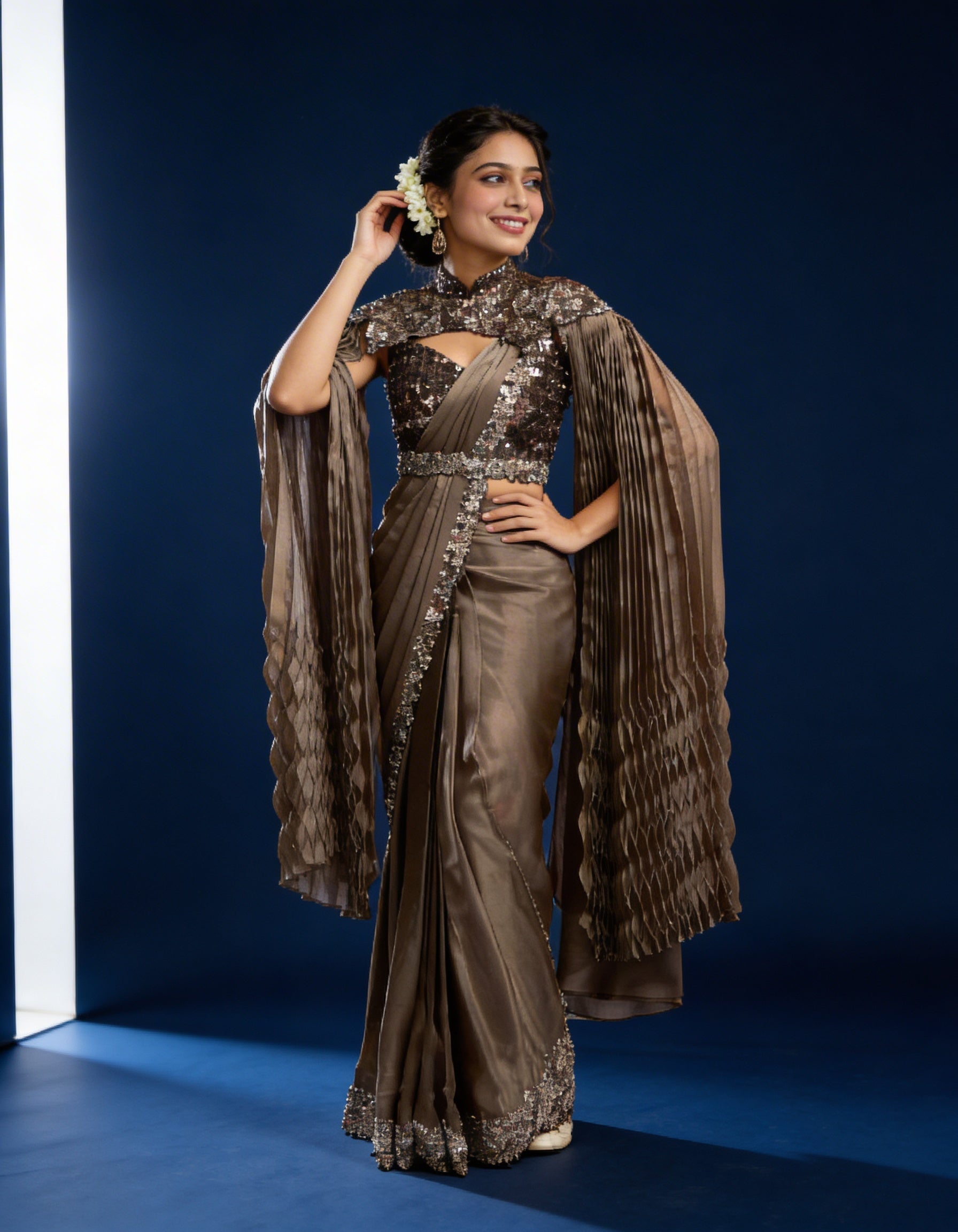 Majree Mocha Lustrous Armani Satin Cape Saree