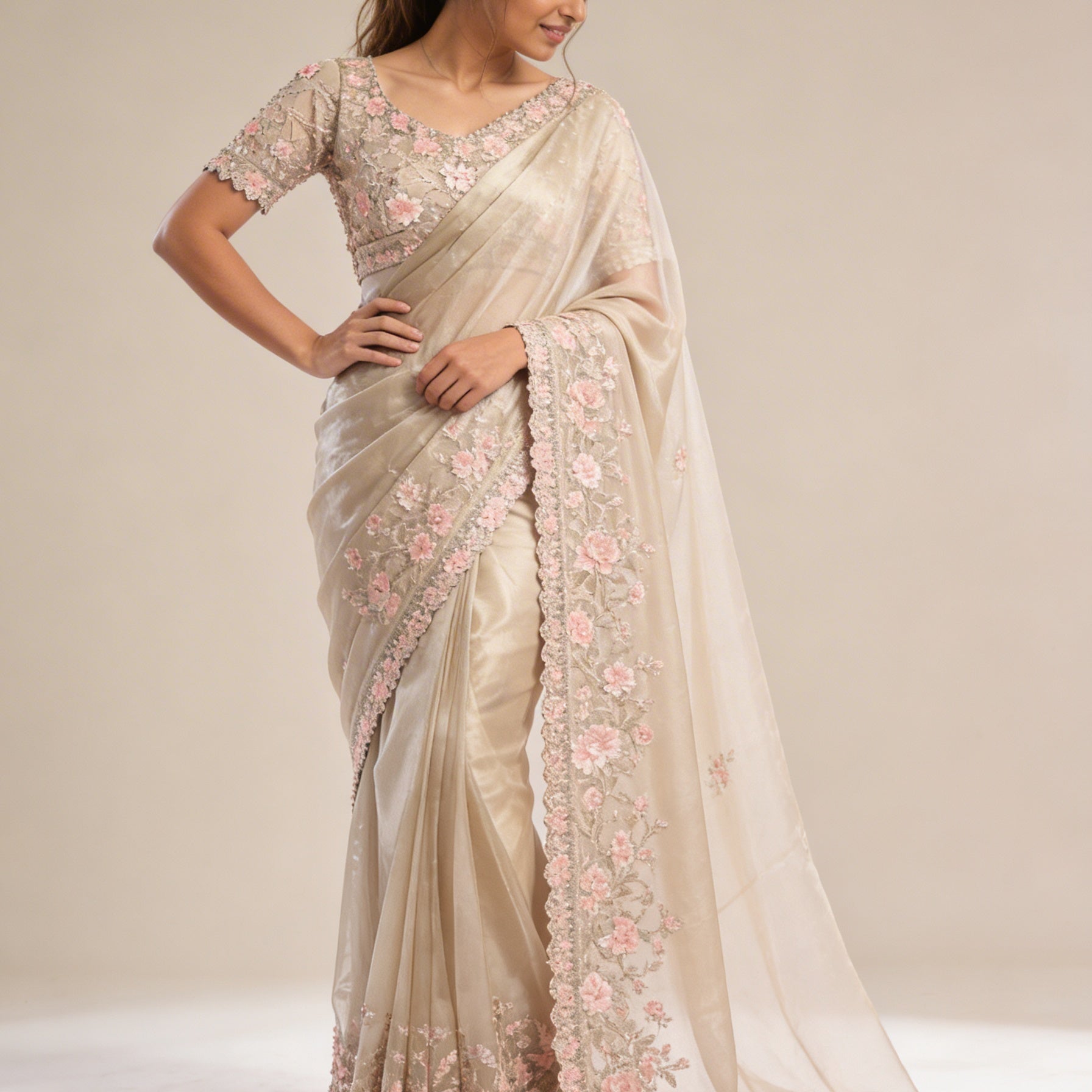 Majree Champagne Armani Satin Silk Rainbow Stone Saree