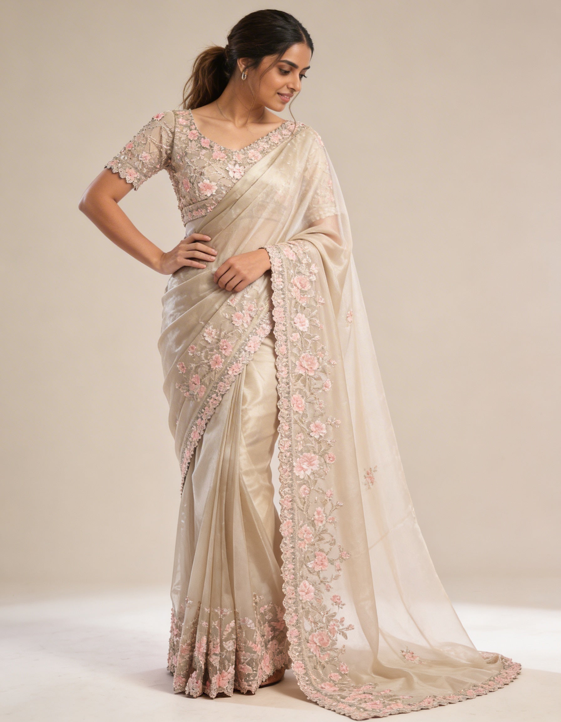 Majree Champagne Armani Satin Silk Rainbow Stone Saree
