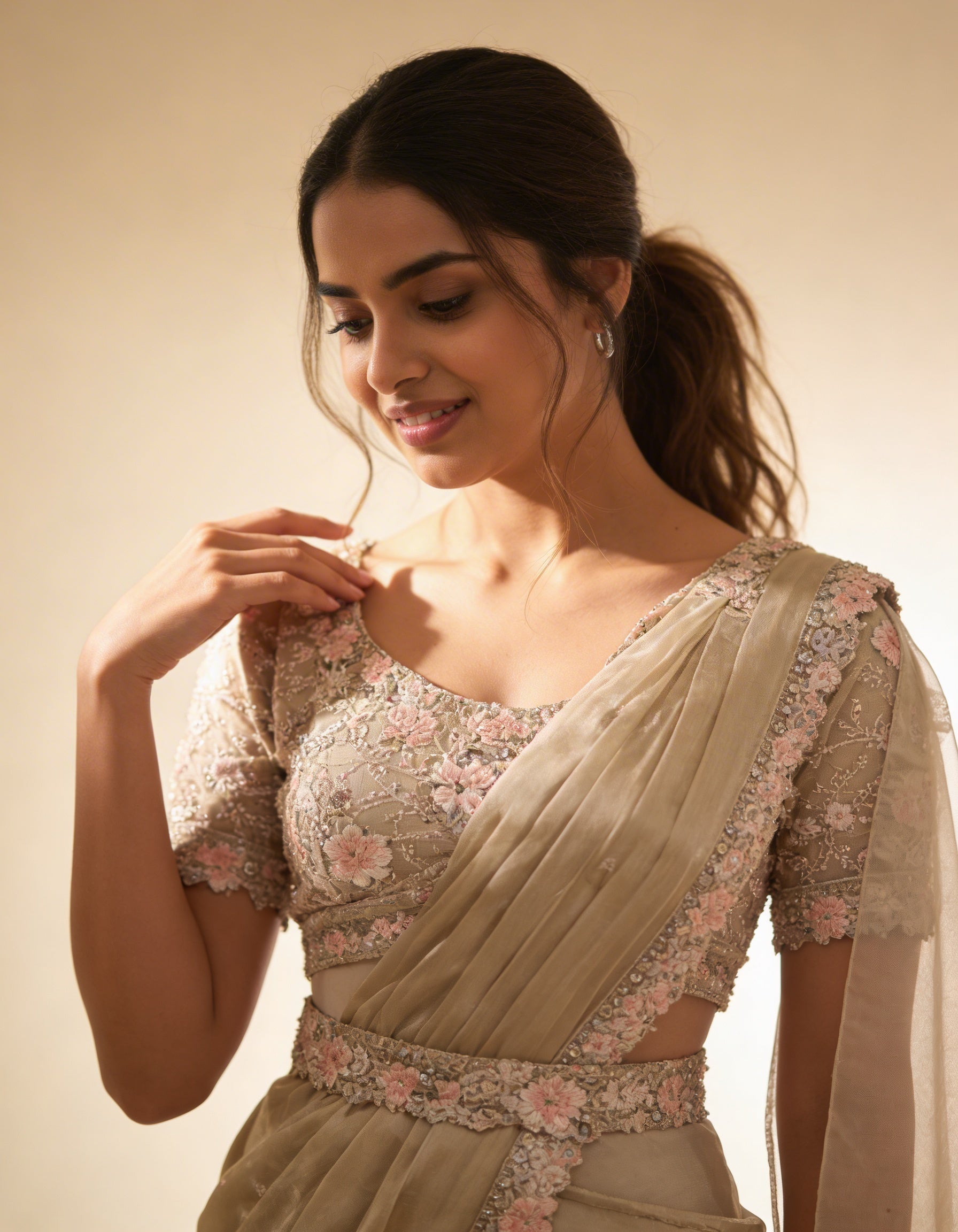 Majree Champagne Armani Satin Silk Rainbow Stone Saree